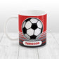 Personalized Gray Gradient Lined Red Soccer Ball Mug at Amy's Coffee Mugs