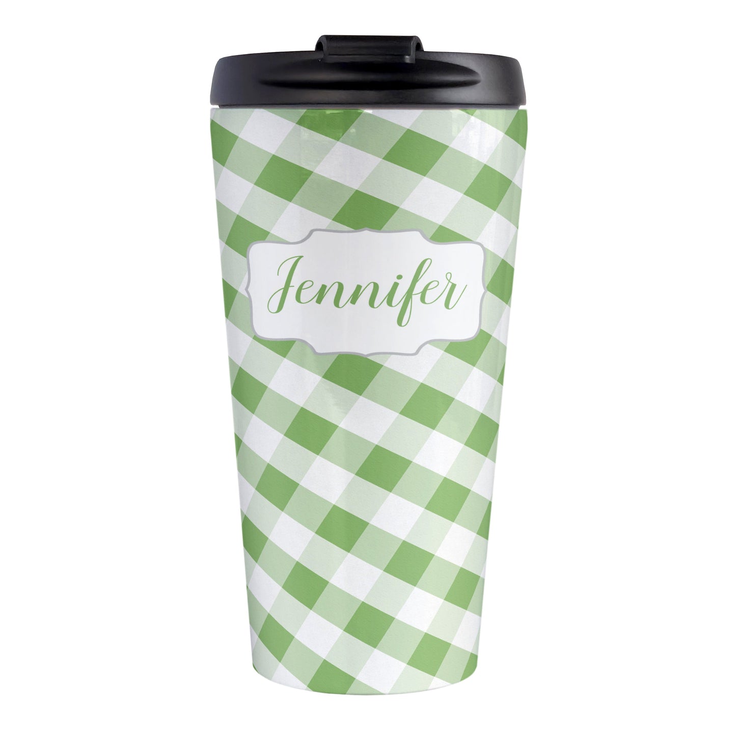 Personalized Green Gingham Travel Mug (15oz, stainless steel insulated) at Amy's Coffee Mugs