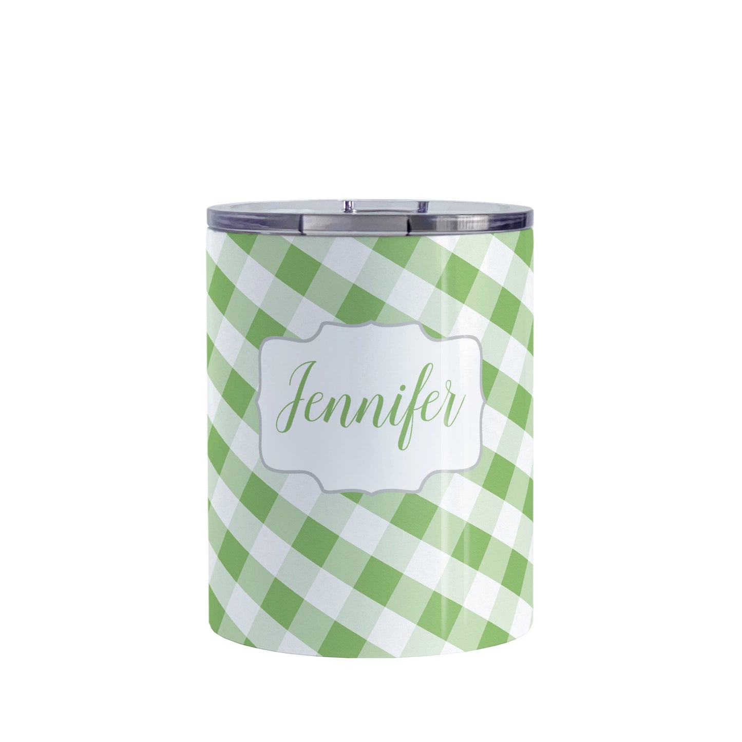 Personalized Green Gingham Tumbler Cup (10oz, stainless steel insulated) at Amy's Coffee Mugs. A tumbler cup designed with a slanted green and white gingham pattern that wraps around the cup. Your personalized name is custom-printed in a green script font in a white frame design over the gingham pattern.