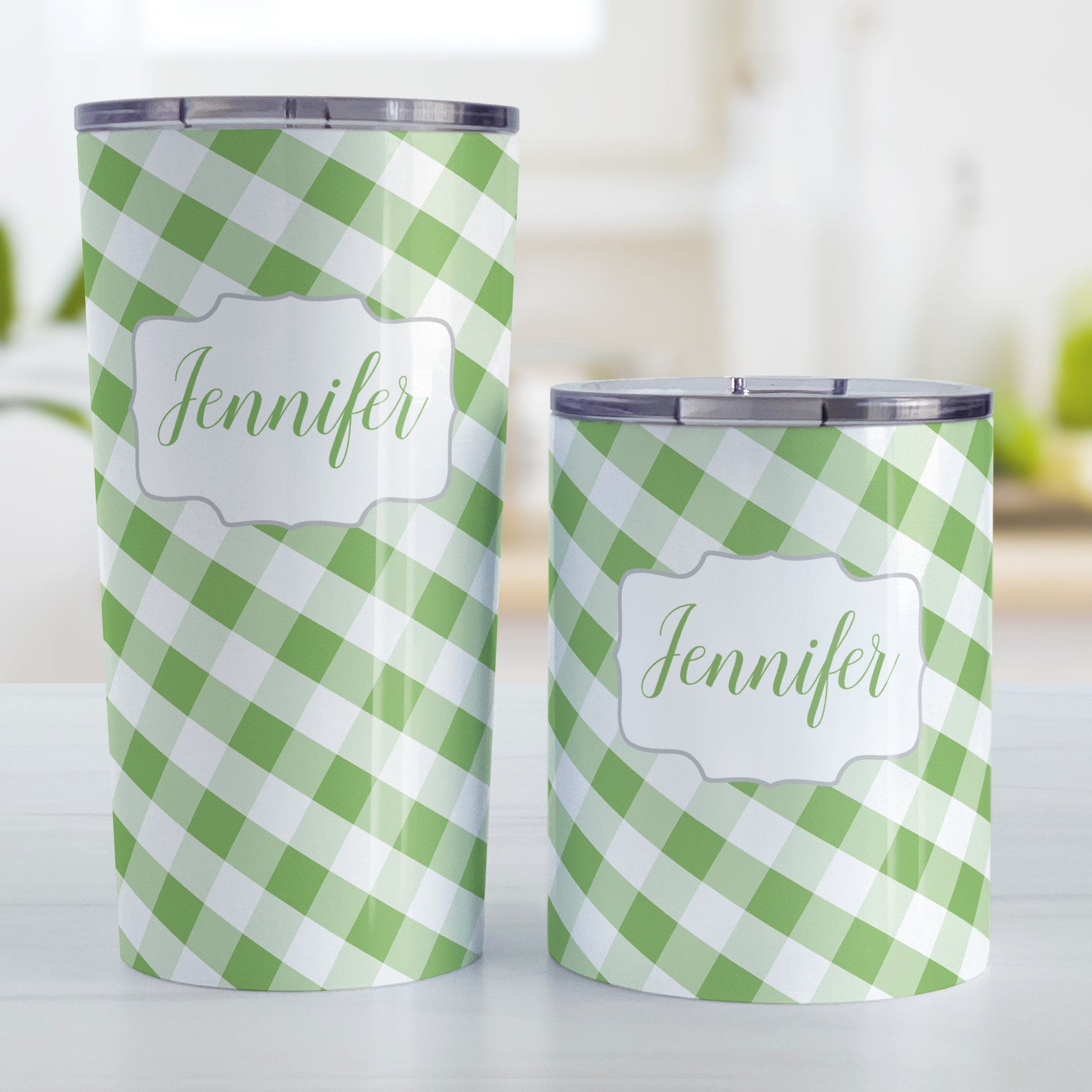 Personalized Green Gingham Tumbler Cup (20oz and 10oz, stainless steel insulated) at Amy's Coffee Mugs