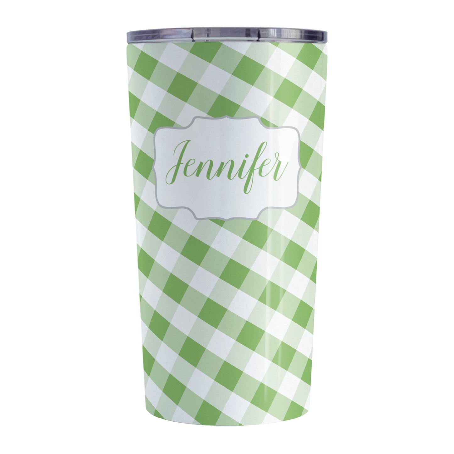 Personalized Green Gingham Tumbler Cup (20oz, stainless steel insulated) at Amy's Coffee Mugs