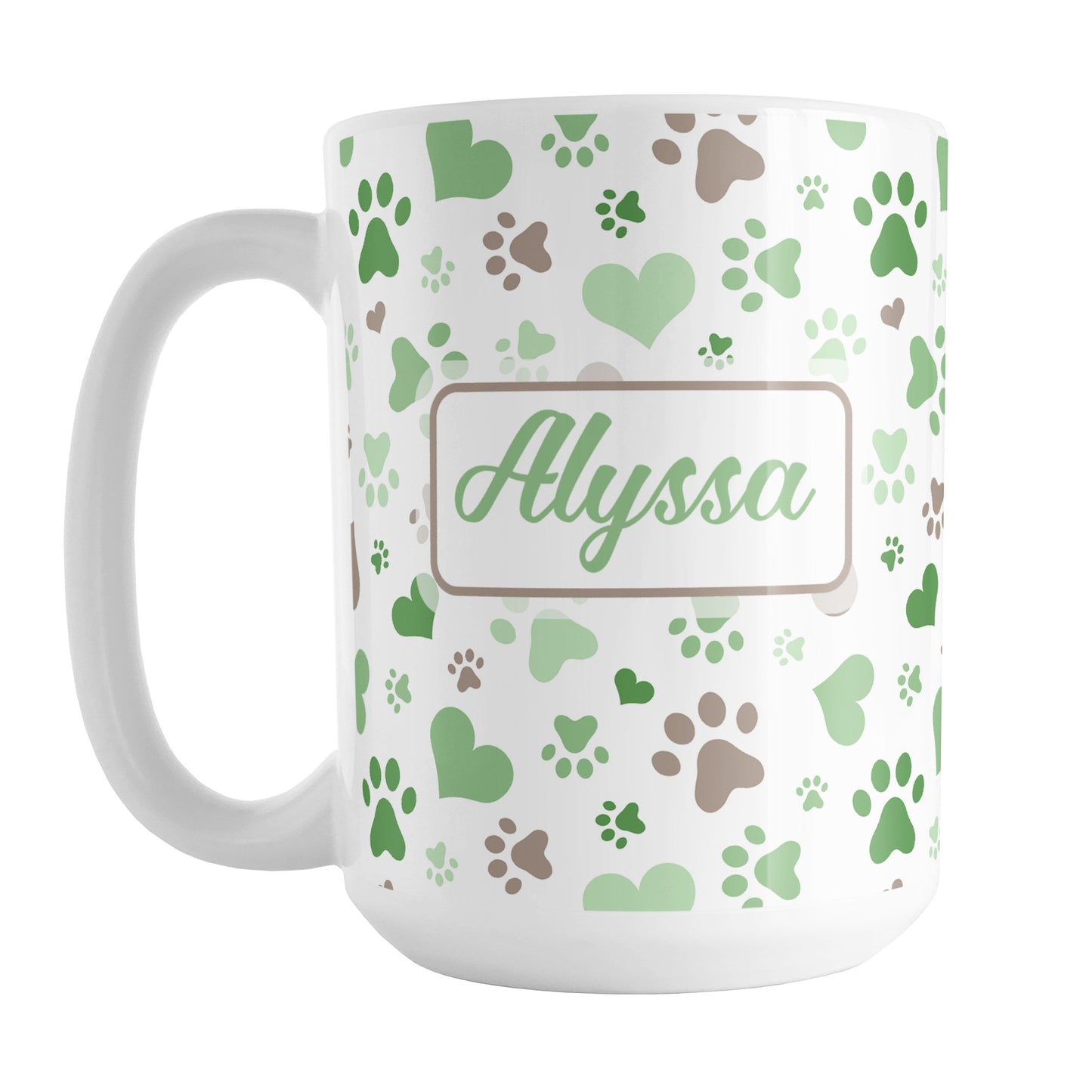 Personalized Green Hearts and Paw Prints Mug (15oz) at Amy's Coffee Mugs. A ceramic coffee mug designed with a pattern of hearts and paw prints in green and brown that wraps around the mug to the handle. Your name is personalized in green on both sides of the mug.