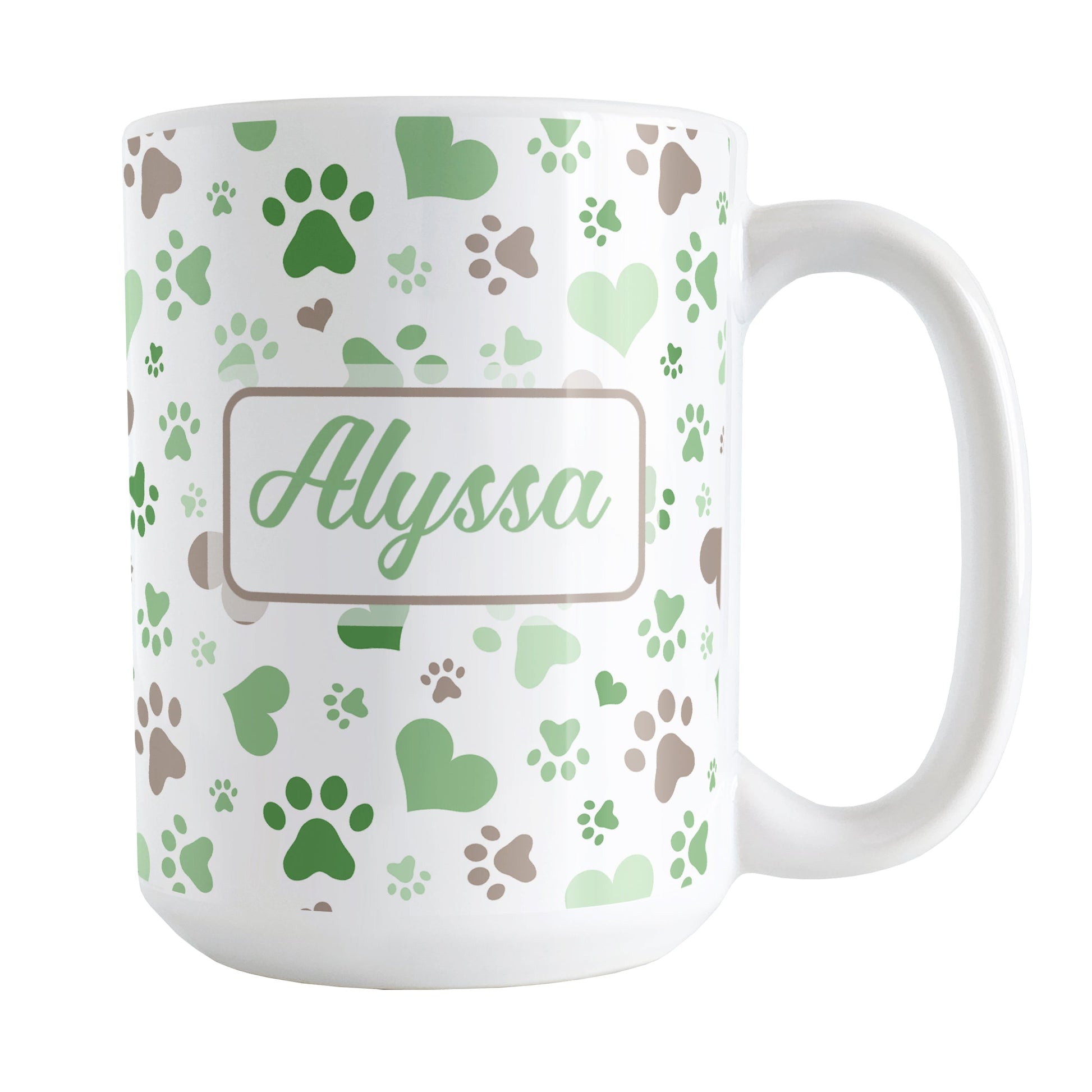 Personalized Green Hearts and Paw Prints Mug (15oz) at Amy's Coffee Mugs. A ceramic coffee mug designed with a pattern of hearts and paw prints in green and brown that wraps around the mug to the handle. Your name is personalized in green on both sides of the mug.