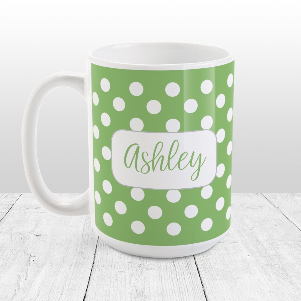 Personalized Green Polka Dot Mug at Amy's Coffee Mugs