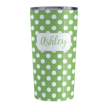 Personalized Green Polka Dot Tumbler Cup (20oz, stainless steel insulated) at Amy's Coffee Mugs