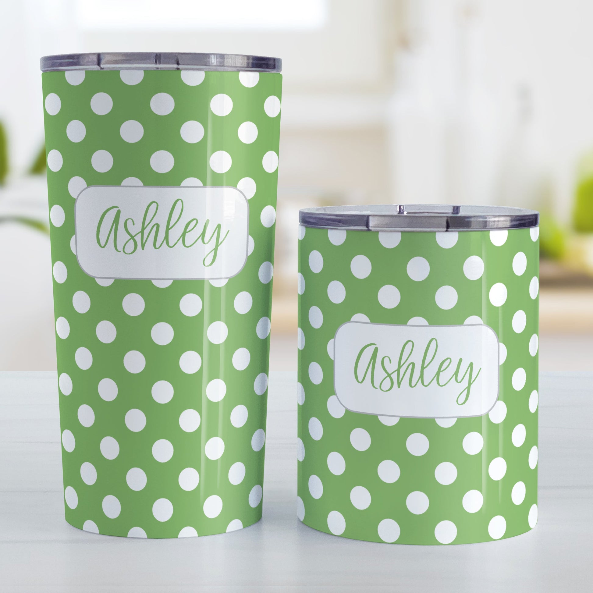 Personalized Green Polka Dot Tumbler Cup (20oz and 10oz, stainless steel insulated) at Amy's Coffee Mugs