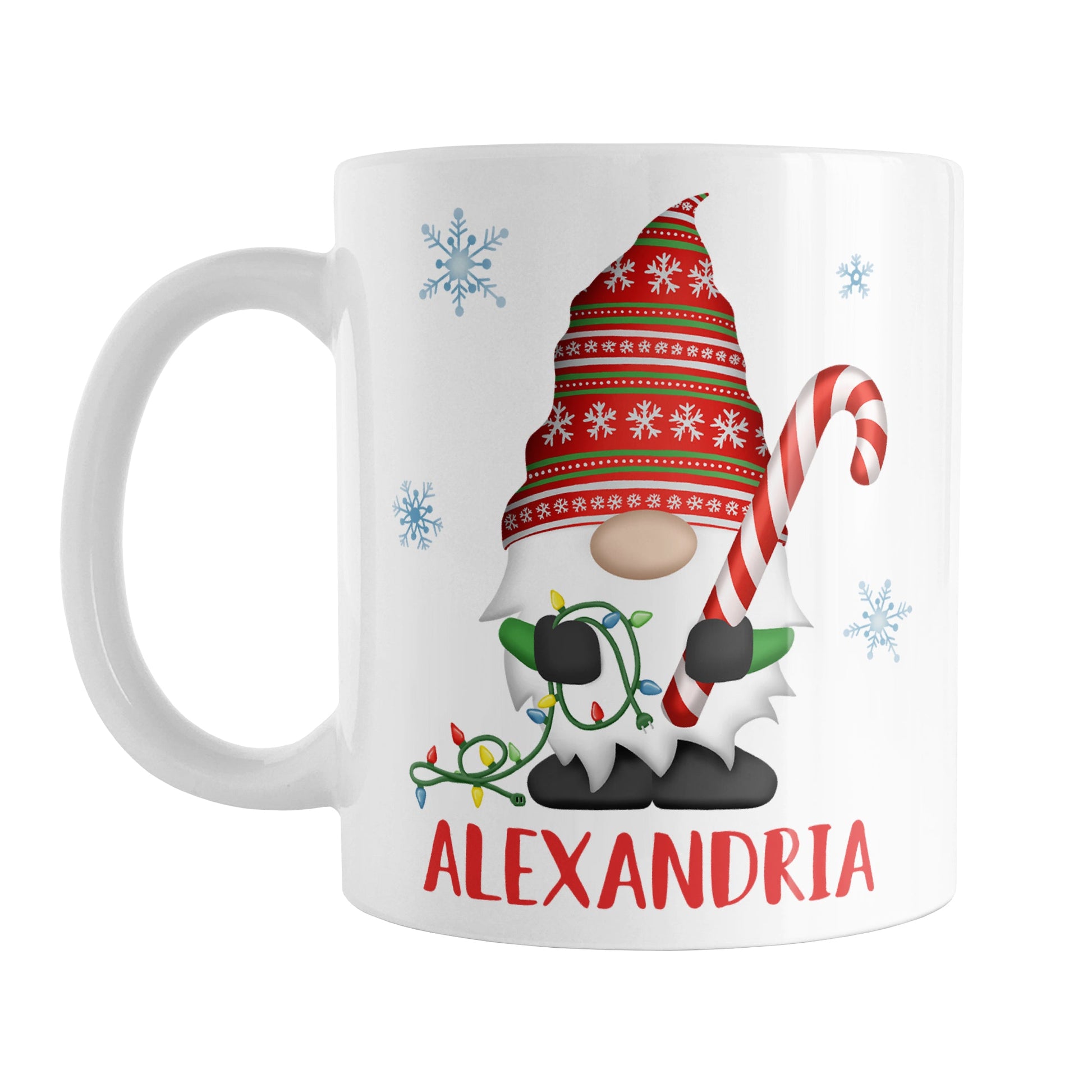 Personalized Holiday Candy Cane Gnome Mug (11oz) at Amy's Coffee Mugs. A ceramic coffee mug designed with a holiday gnome on both sides of the mug wearing a festive red and green snowflake hat and holding a large candy cane and a string of Christmas lights, with winter snowflakes around it. Your name is custom printed in red below the gnome.