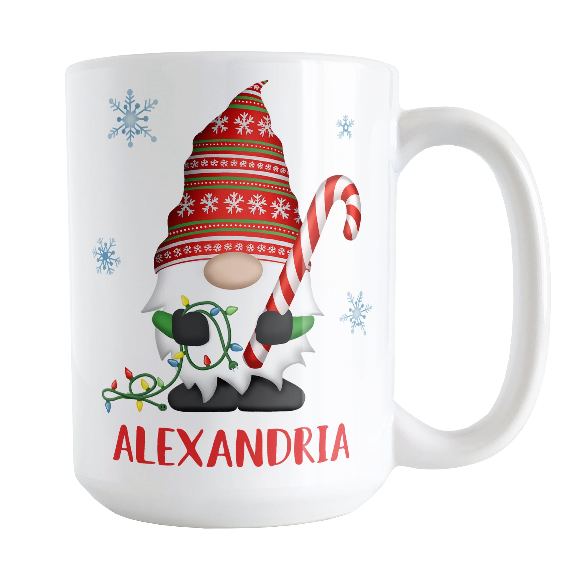 Personalized Holiday Candy Cane Gnome Mug (15oz) at Amy's Coffee Mugs. A ceramic coffee mug designed with a holiday gnome on both sides of the mug wearing a festive red and green snowflake hat and holding a large candy cane and a string of Christmas lights, with winter snowflakes around it. Your name is custom printed in red below the gnome.
