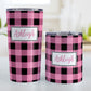 Personalized Light Pink and Black Buffalo Plaid Tumbler Cup (20oz and 10oz, stainless steel insulated) at Amy's Coffee Mugs. A tumbler cup designed with a black and light pink buffalo plaid (buffalo check) pattern that wraps around the cup. Your name is custom printed in pink inside a white frame design over the buffalo plaid pattern. Photo shows both sized cups next to each other.