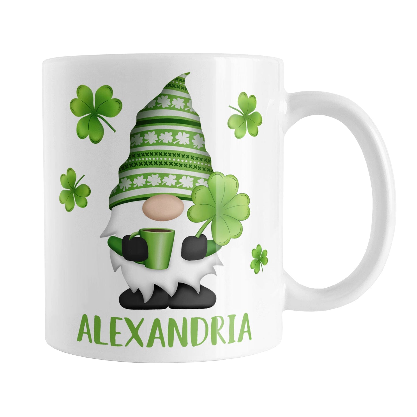 Personalized Lucky Clover Gnome Mug (11oz) at Amy's Coffee Mugs. A ceramic coffee mug designed with a gnome with a festive green clover pattern hat, holding a hot beverage and large 4-leaf clover, with shamrocks around the gnome. A personalized name is printed below the gnome in green, making it the perfect gift. This cute lucky clover gnome illustration and personalization are on both sides of the mug. 