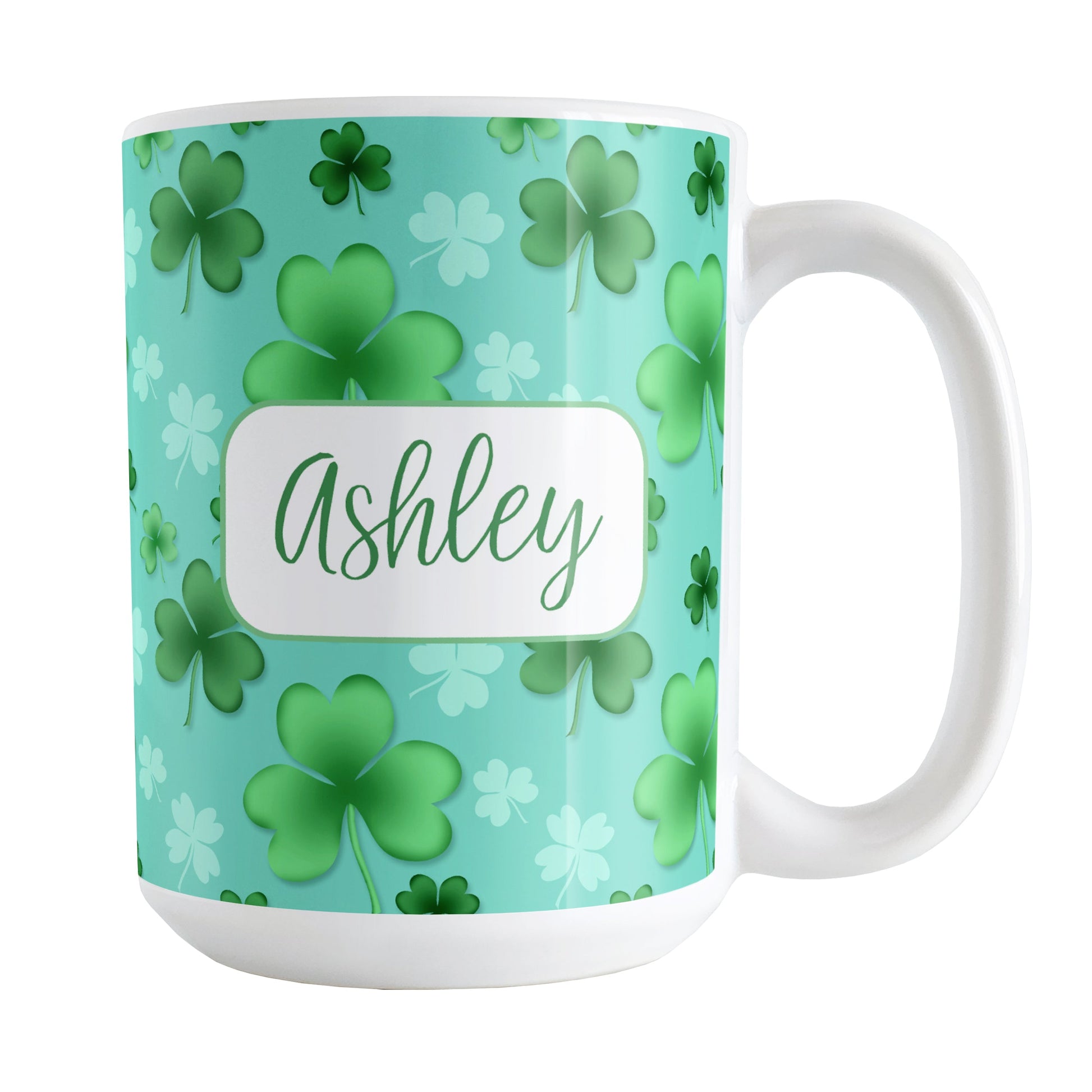 Personalized Lucky Clover Pattern Teal and Green Mug (15oz) at Amy's Coffee Mugs. A ceramic coffee mug designed with a lucky green clover pattern with a 4-leaf clover among 3-leaf clovers, in different shades of green, over a teal background that wraps around the mug to the handle. Your name is personalized in green on white, over the lucky clover pattern.