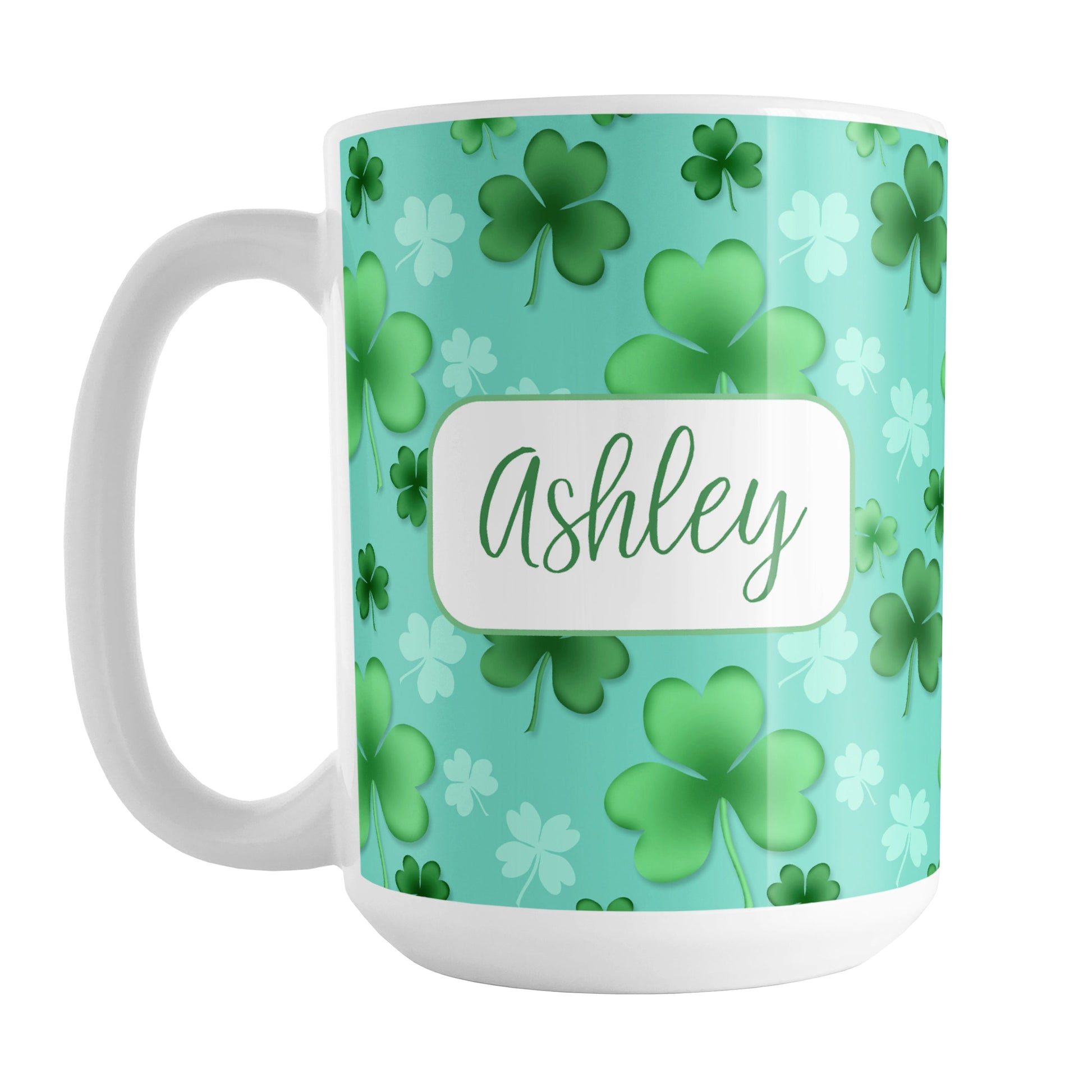 Personalized Lucky Clover Pattern Teal and Green Mug (15oz) at Amy's Coffee Mugs. A ceramic coffee mug designed with a lucky green clover pattern with a 4-leaf clover among 3-leaf clovers, in different shades of green, over a teal background that wraps around the mug to the handle. Your name is personalized in green on white, over the lucky clover pattern.