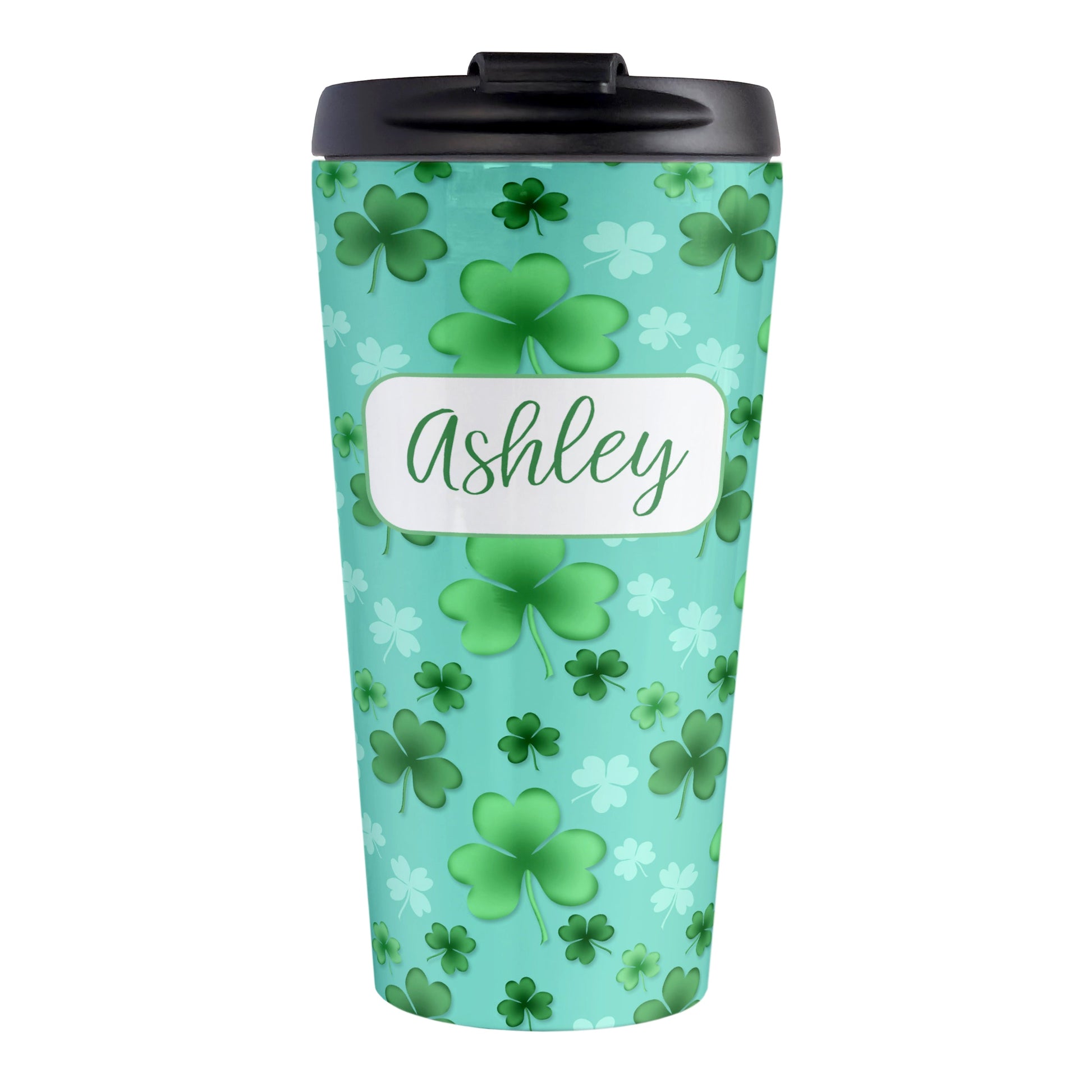 Personalized Lucky Clover Pattern Teal and Green Travel Mug (15oz, stainless steel insulated) at Amy's Coffee Mugs. A travel mug designed with a lucky green clover pattern with a 4-leaf clover among 3-leaf clovers, in different shades of green, over a teal background that wraps around the mug. Your name is personalized in green on white, over the lucky clover pattern.