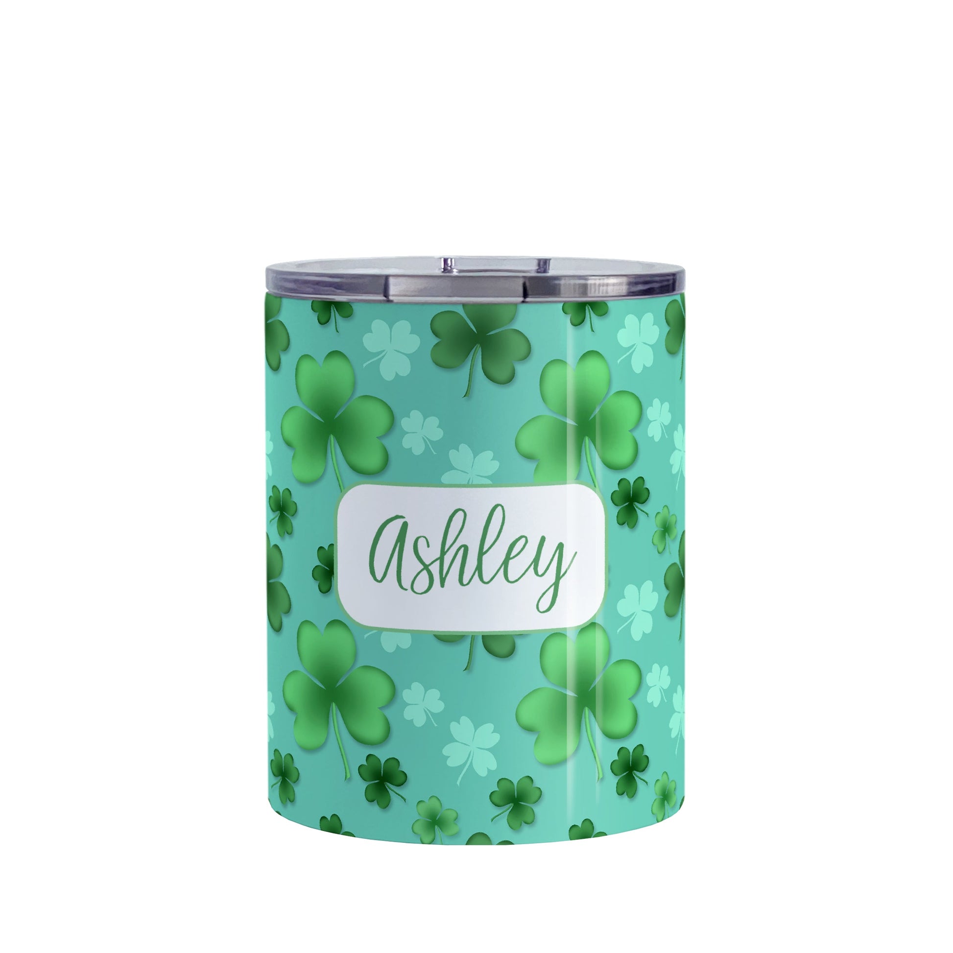 Personalized Lucky Clover Pattern Teal and Green Tumbler Cup (10oz, stainless steel insulated) at Amy's Coffee Mugs. A tumbler cup designed with a lucky green clover pattern with a 4-leaf clover among 3-leaf clovers, in different shades of green, over a teal background that wraps around the cup. Your name is personalized in green on white, over the lucky clover pattern.