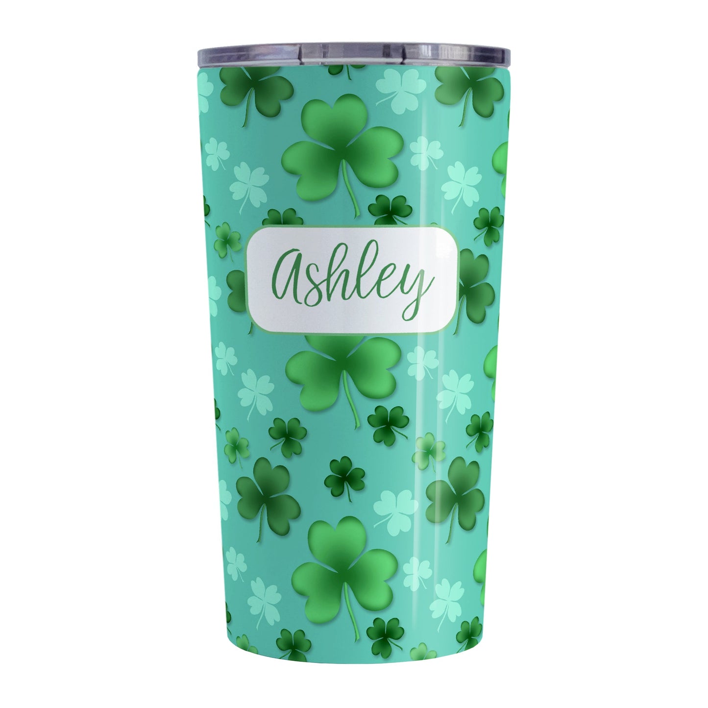 Personalized Lucky Clover Pattern Teal and Green Tumbler Cup (20oz, stainless steel insulated) at Amy's Coffee Mugs. A tumbler cup designed with a lucky green clover pattern with a 4-leaf clover among 3-leaf clovers, in different shades of green, over a teal background that wraps around the cup. Your name is personalized in green on white, over the lucky clover pattern.