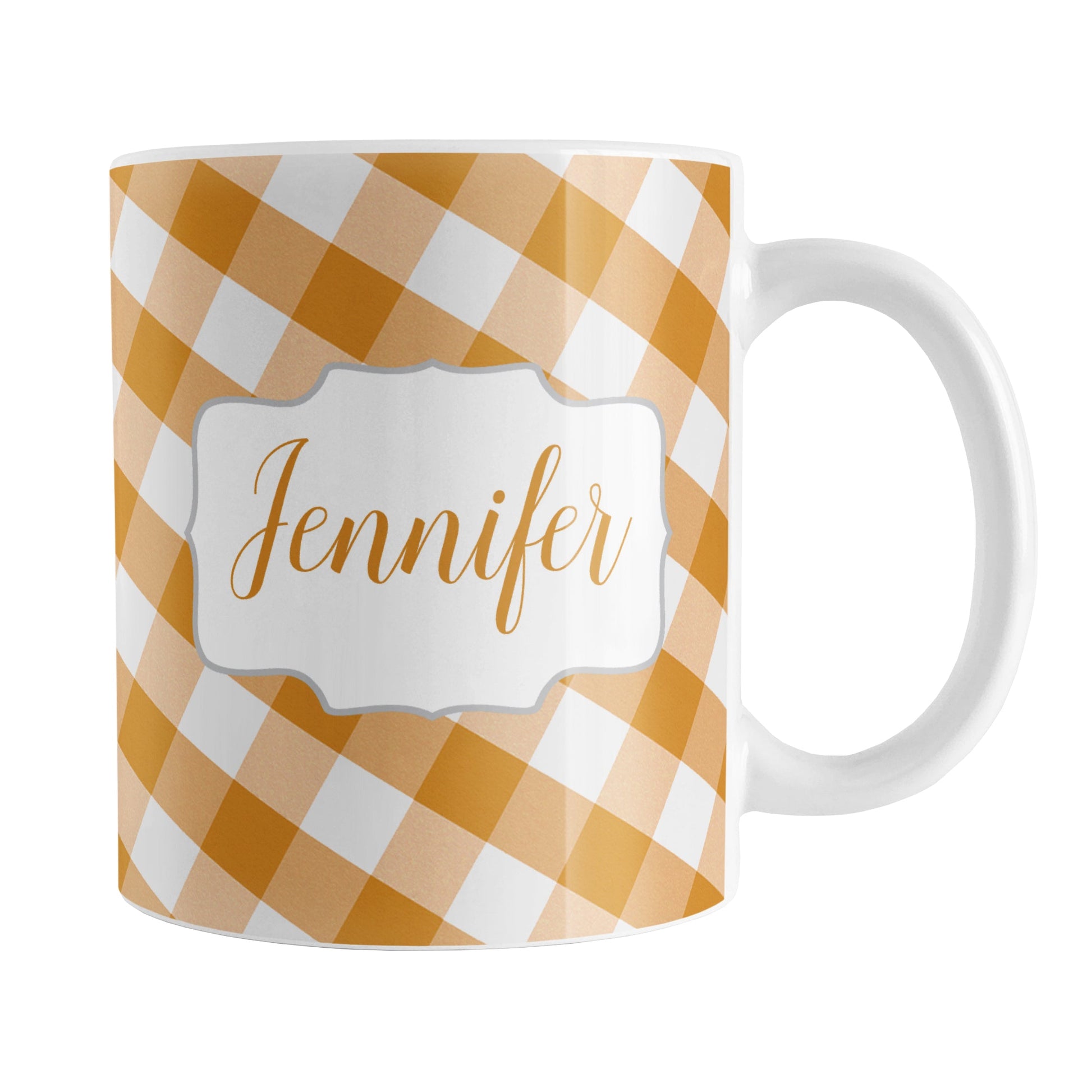 Personalized Orange Gingham Mug (11oz) at Amy's Coffee Mugs. A ceramic coffee mug designed with a slanted orange and white gingham pattern that wraps around the mug up to the handle. Your personalized name is custom-printed in an orange script font on both sides of the mug over the gingham pattern.