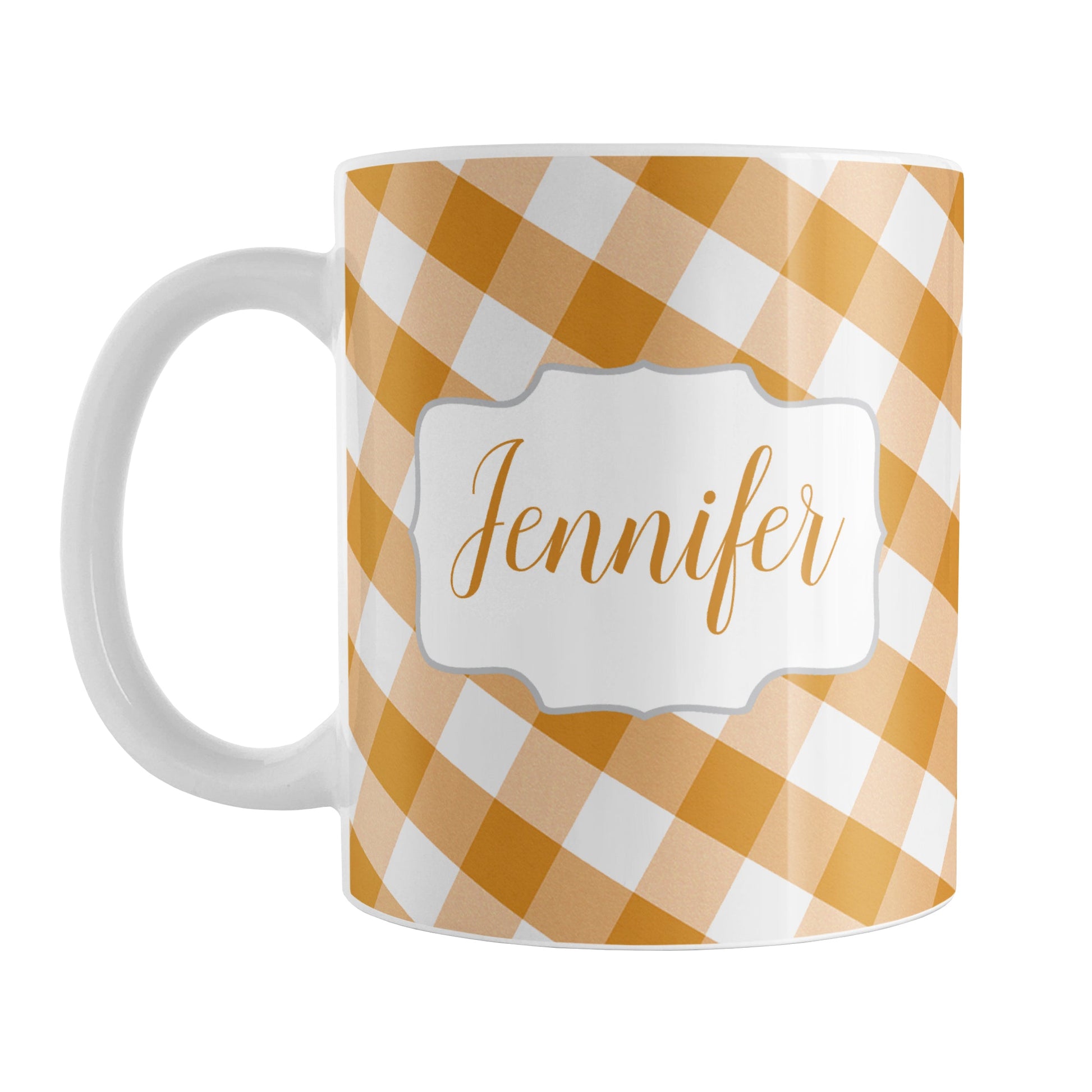 Personalized Orange Gingham Mug (11oz) at Amy's Coffee Mugs. A ceramic coffee mug designed with a slanted orange and white gingham pattern that wraps around the mug up to the handle. Your personalized name is custom-printed in an orange script font on both sides of the mug over the gingham pattern.