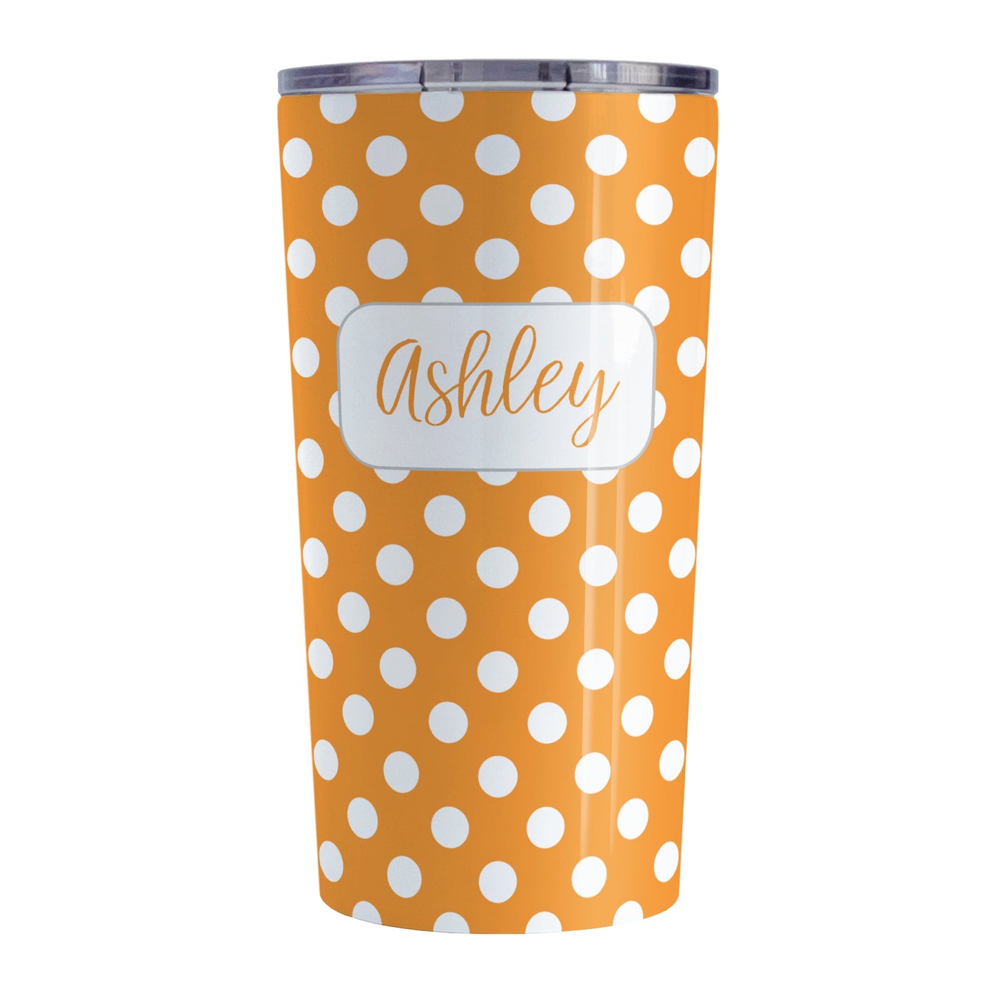 Personalized Orange Polka Dot Tumbler Cup (20oz, stainless steel insulated) at Amy's Coffee Mugs