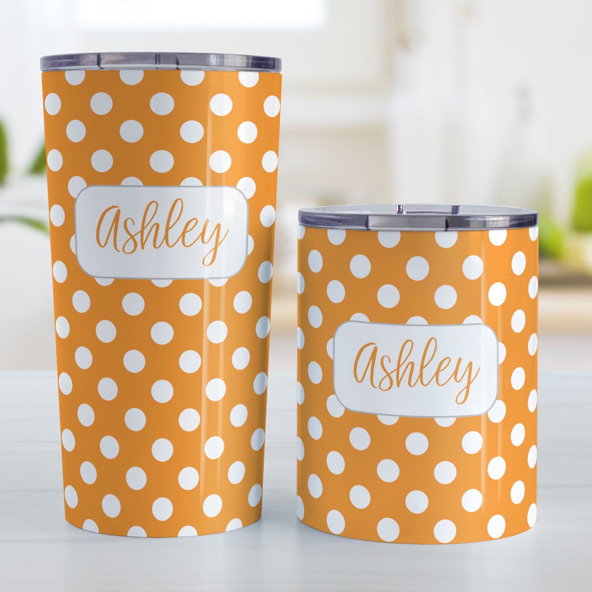 Personalized Orange Polka Dot Tumbler Cup (20oz and 10oz, stainless steel insulated) at Amy's Coffee Mugs