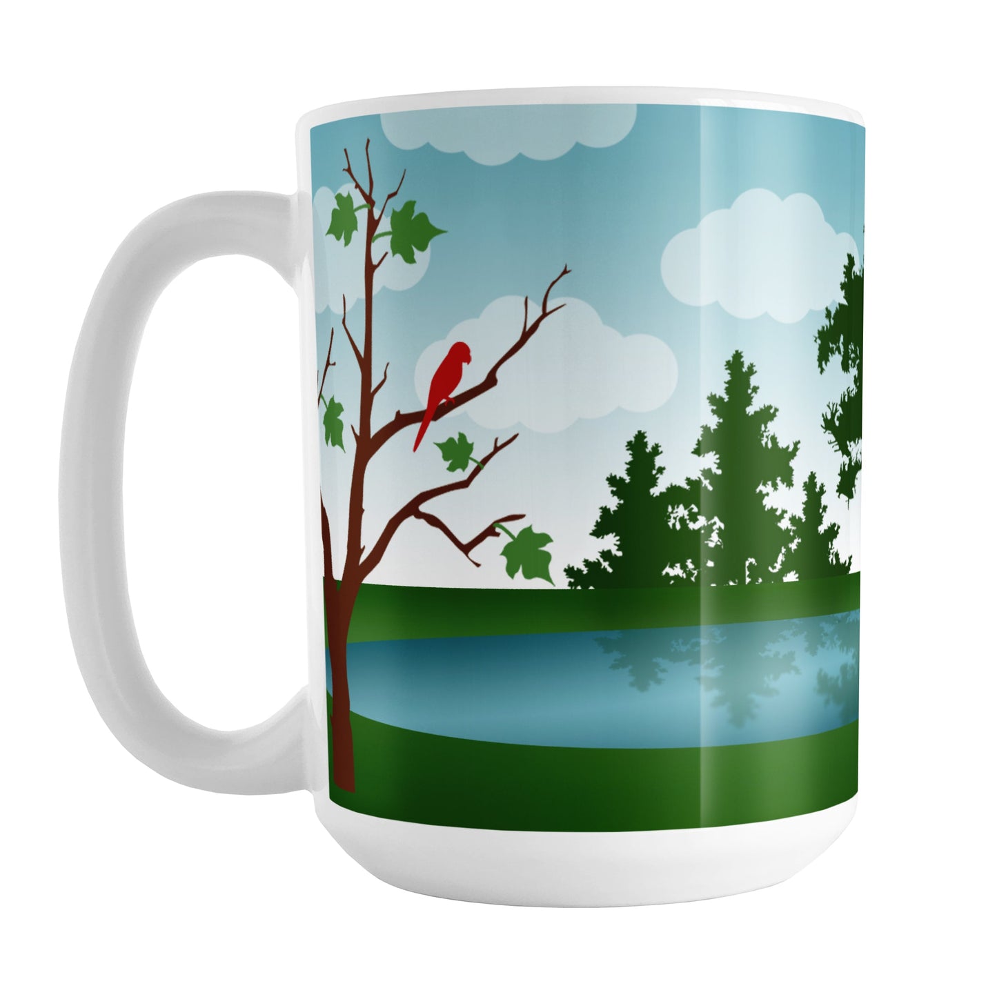 Personalized Out in the Country Cabin Mug (15oz) at Amy's Coffee Mugs. A ceramic coffee mug with a beautiful illustration of an outdoors woodsy "out in the country" setting with a silhouette of a deer and two red birds, with trees, grass, a pond, and a blue sky background in a design that wraps around the mug to the handle. Your name or cabin name is printed in white over the grass on the right side of the design.