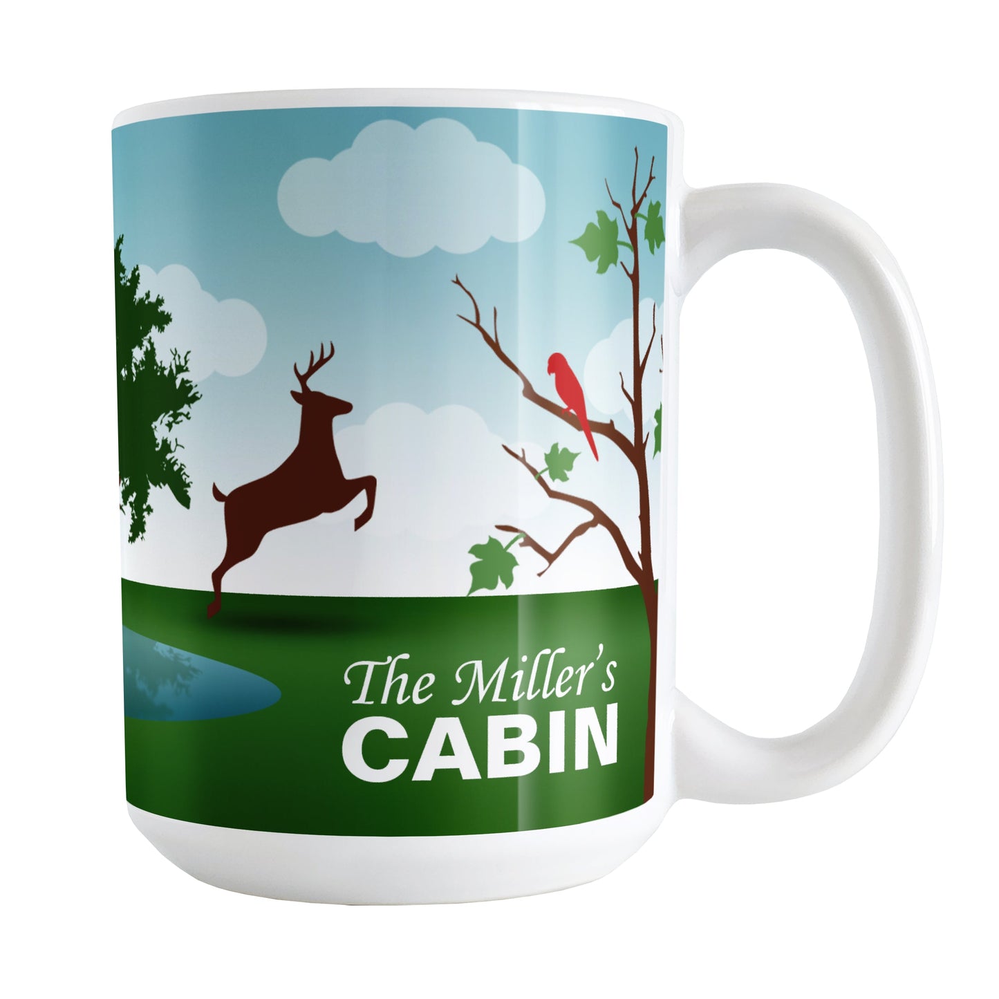 Personalized Out in the Country Cabin Mug (15oz) at Amy's Coffee Mugs. A ceramic coffee mug with a beautiful illustration of an outdoors woodsy "out in the country" setting with a silhouette of a deer and two red birds, with trees, grass, a pond, and a blue sky background in a design that wraps around the mug to the handle. Your name or cabin name is printed in white over the grass on the right side of the design.