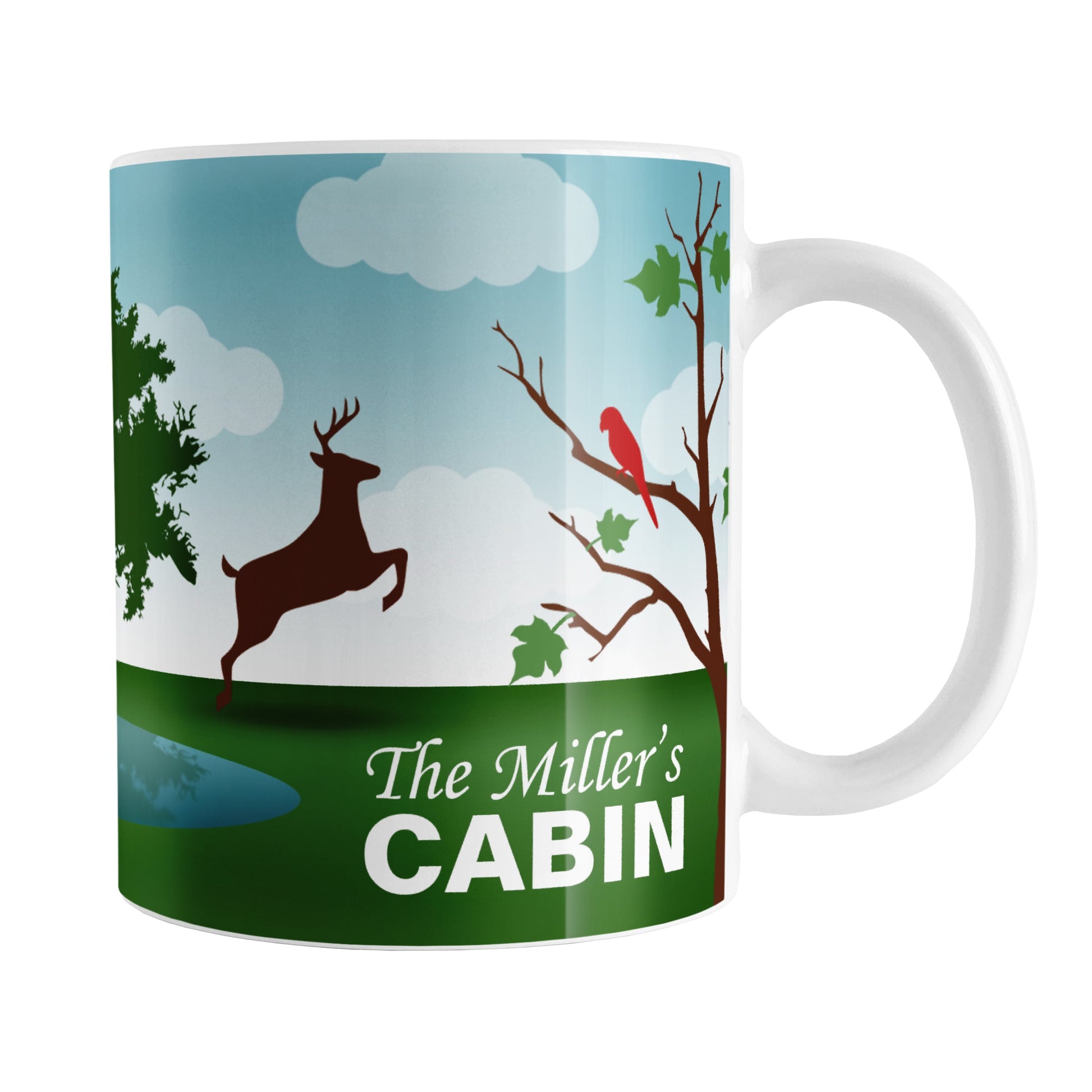 Personalized Out in the Country Cabin Mug (11oz) at Amy's Coffee Mugs. A ceramic coffee mug with a beautiful illustration of an outdoors woodsy "out in the country" setting with a silhouette of a deer and two red birds, with trees, grass, a pond, and a blue sky background in a design that wraps around the mug to the handle. Your name or cabin name is printed in white over the grass on the right side of the design.