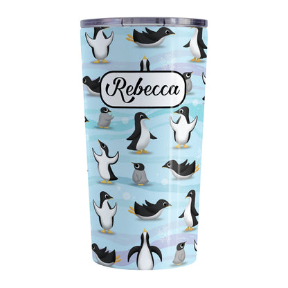 Personalized Penguin Parade Pattern Tumbler Cup (20oz, stainless steel insulated) at Amy's Coffee Mugs