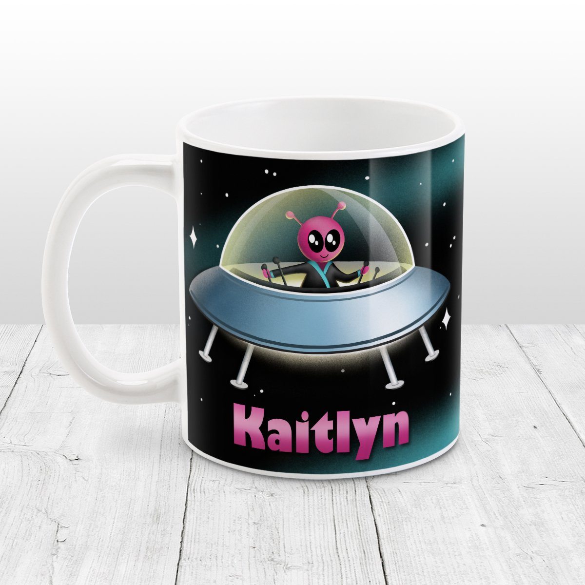 Personalized Pink Alien Spaceship Mug at Amy's Coffee Mugs