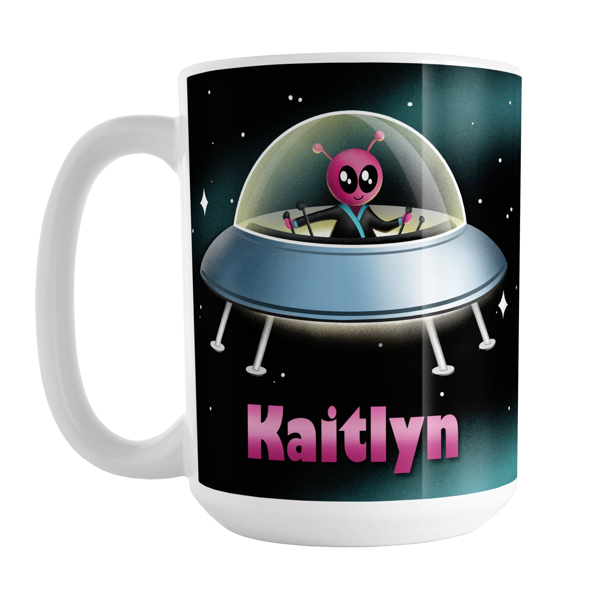 Personalized Pink Alien Spaceship Mug (15oz) at Amy's Coffee Mugs