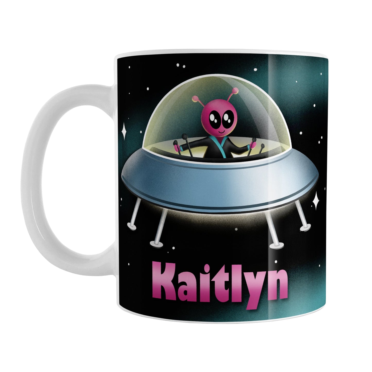 Personalized Pink Alien Spaceship Mug (11oz) at Amy's Coffee Mugs. A ceramic coffee mug designed with a unique and cute pink alien piloting a blue saucer spaceship with a glass dome, on both sides of the mug, over an outer space background that wraps around the mug up to the handle. Your personalized name is custom-printed in pink below the alien spaceship design.