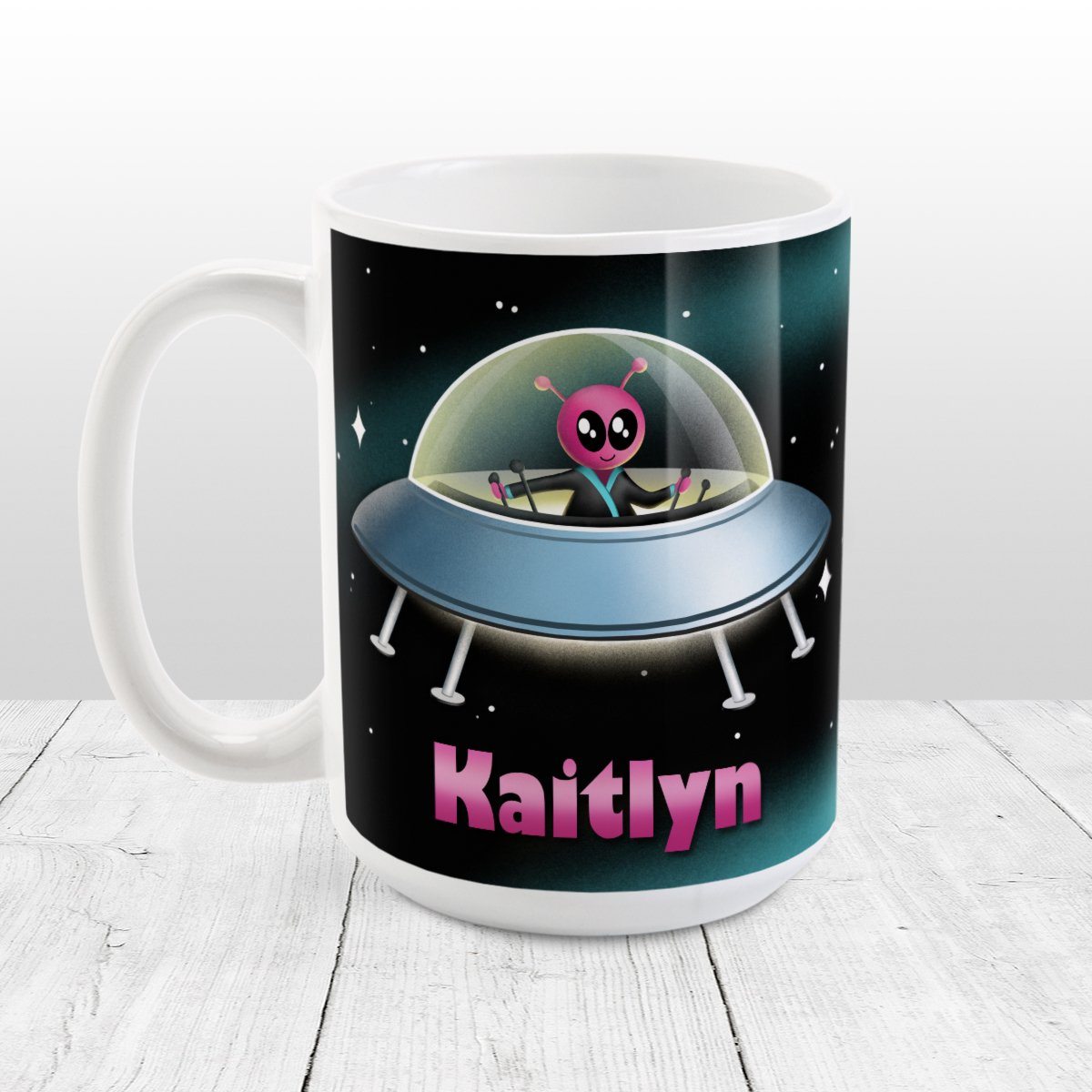 Personalized Pink Alien Spaceship Mug at Amy's Coffee Mugs