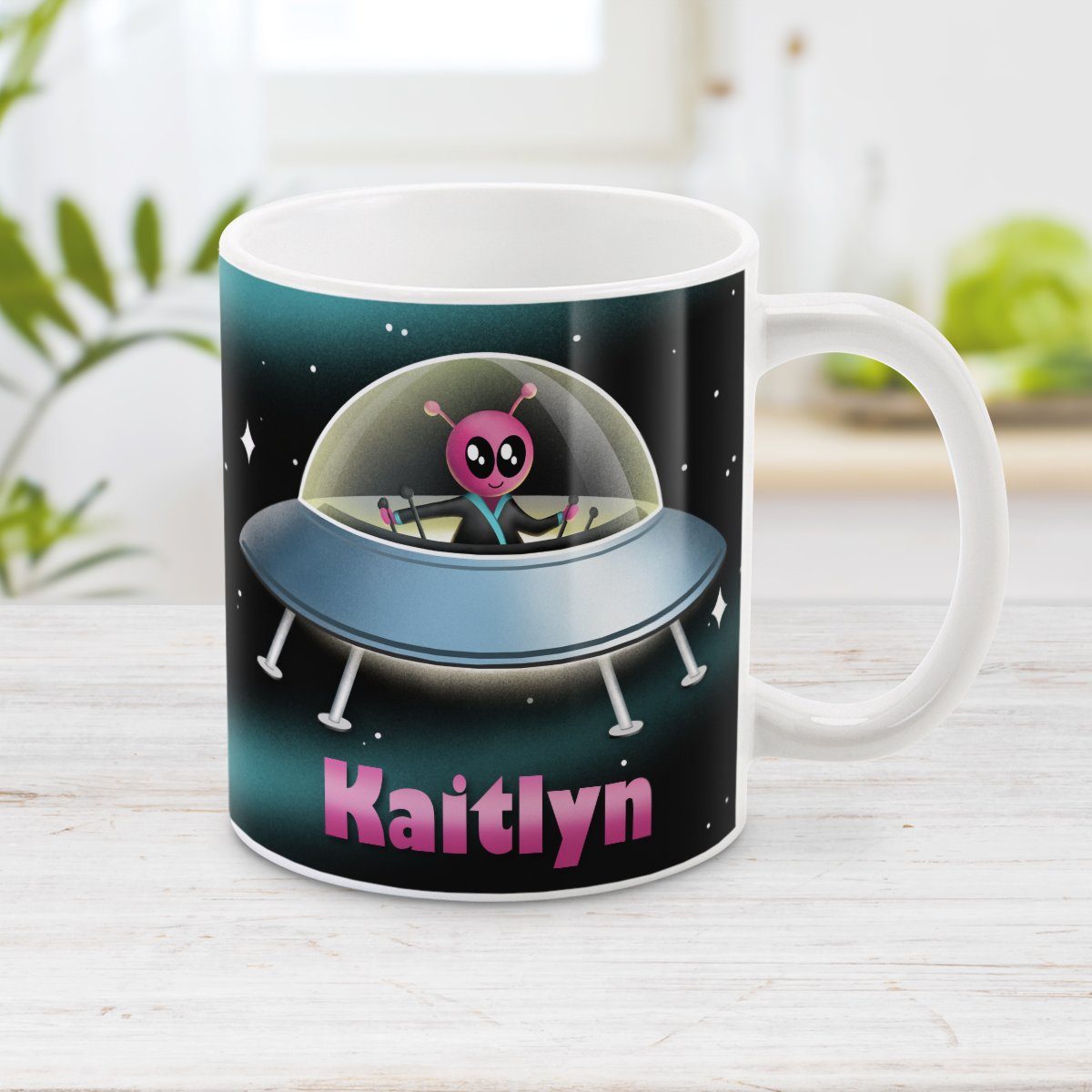 Personalized Pink Alien Spaceship Mug at Amy's Coffee Mugs