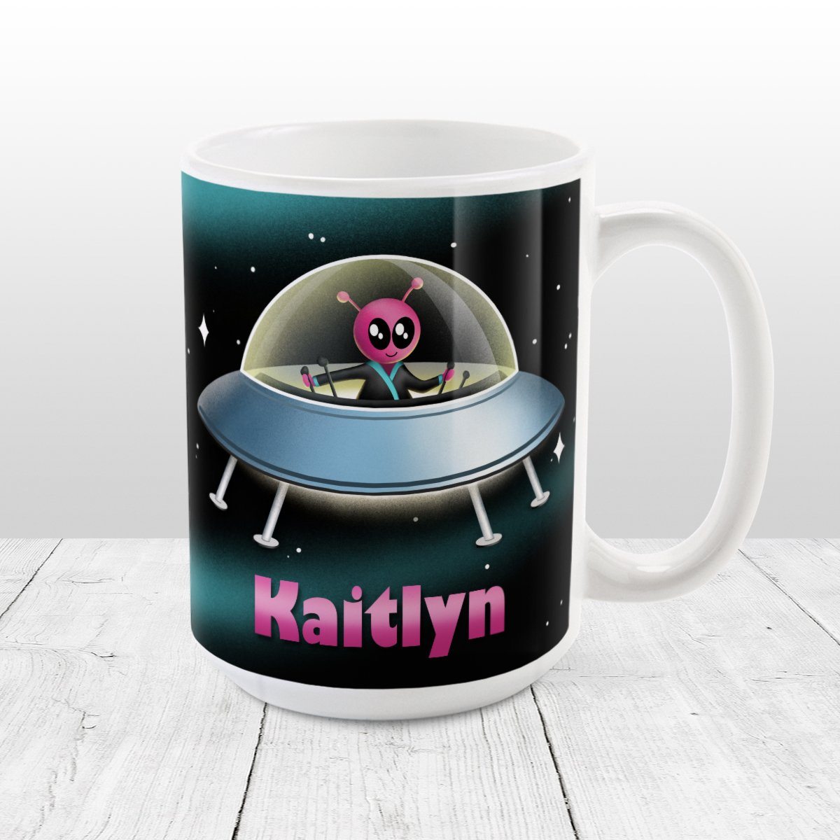 Personalized Pink Alien Spaceship Mug at Amy's Coffee Mugs