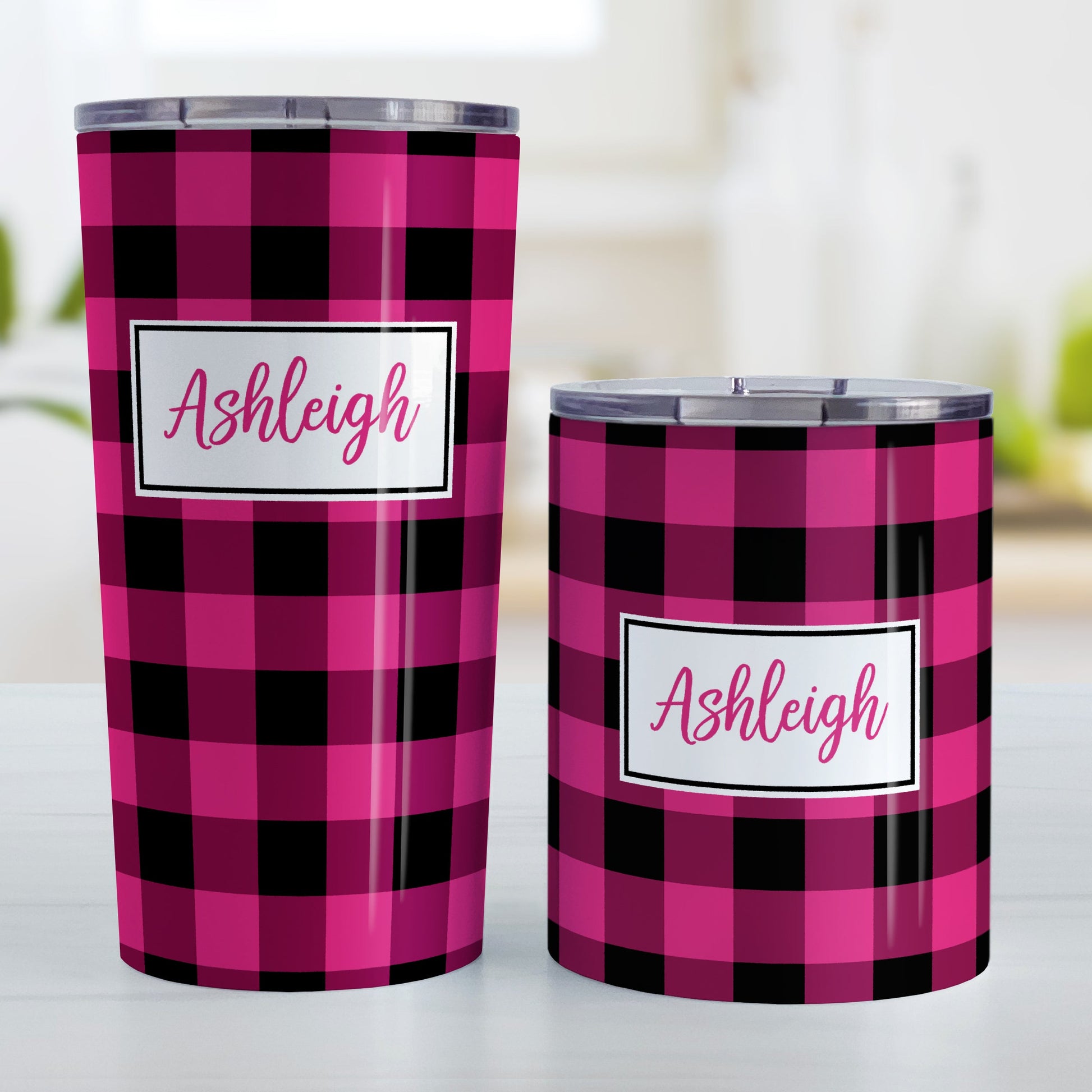 Personalized Pink and Black Buffalo Plaid Tumbler Cup (20oz and 10oz, stainless steel insulated) at Amy's Coffee Mugs