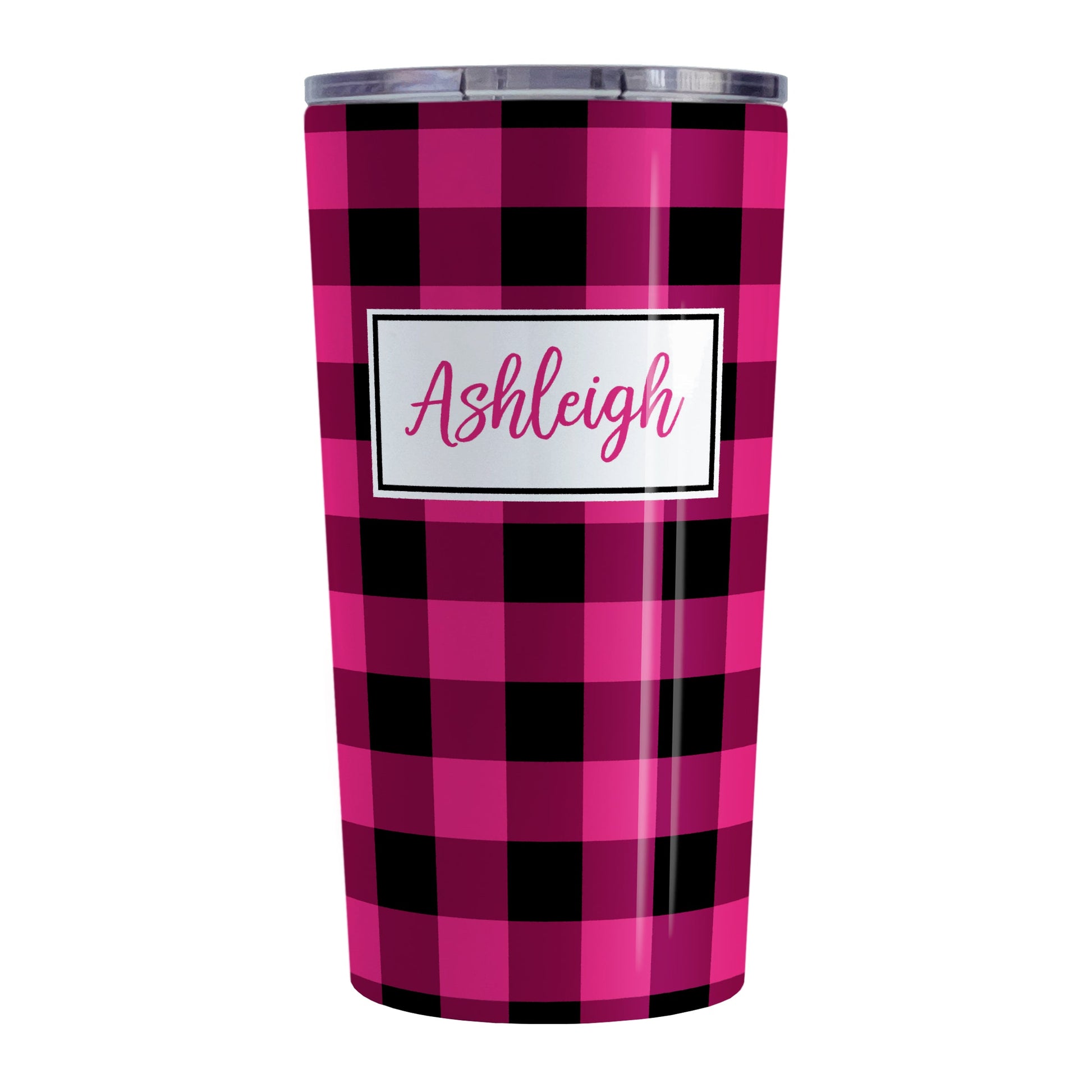 Personalized Pink and Black Buffalo Plaid Tumbler Cup (20oz, stainless steel insulated) at Amy's Coffee Mugs
