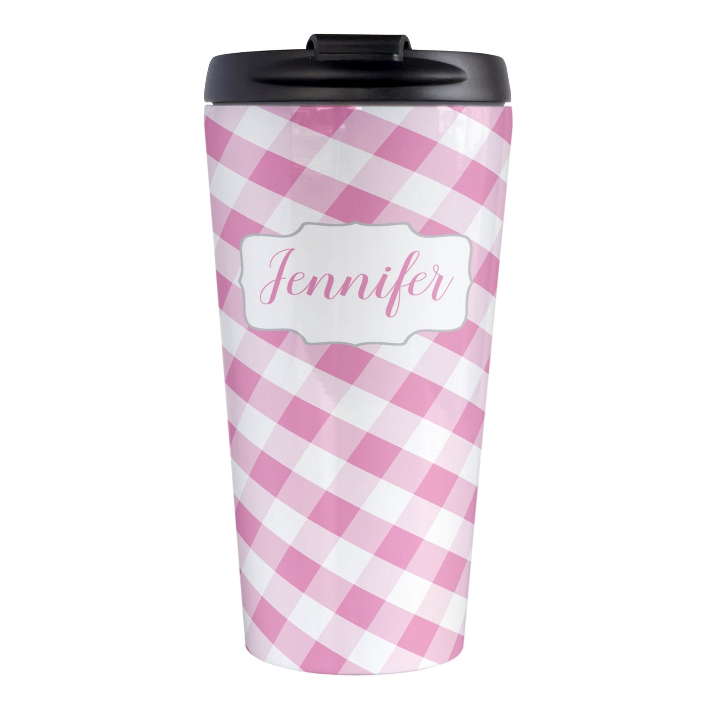 Personalized Pink Gingham Travel Mug (15oz, stainless steel insulated) at Amy's Coffee Mugs. A travel mug designed with a slanted pink and white gingham pattern that wraps around the travel mug. Your personalized name is custom-printed in a pink script font in a white frame design over the gingham pattern.