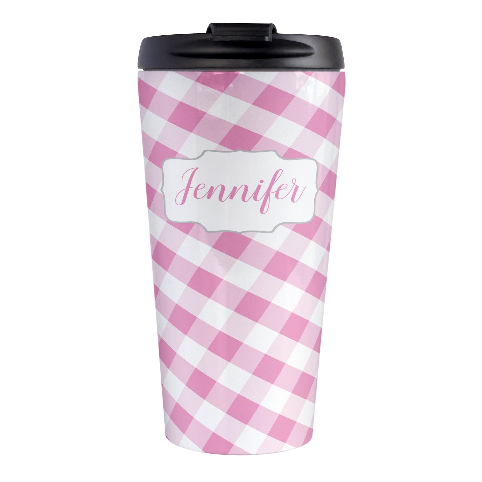 Personalized Pink Gingham Travel Mug (15oz, stainless steel insulated) at Amy's Coffee Mugs