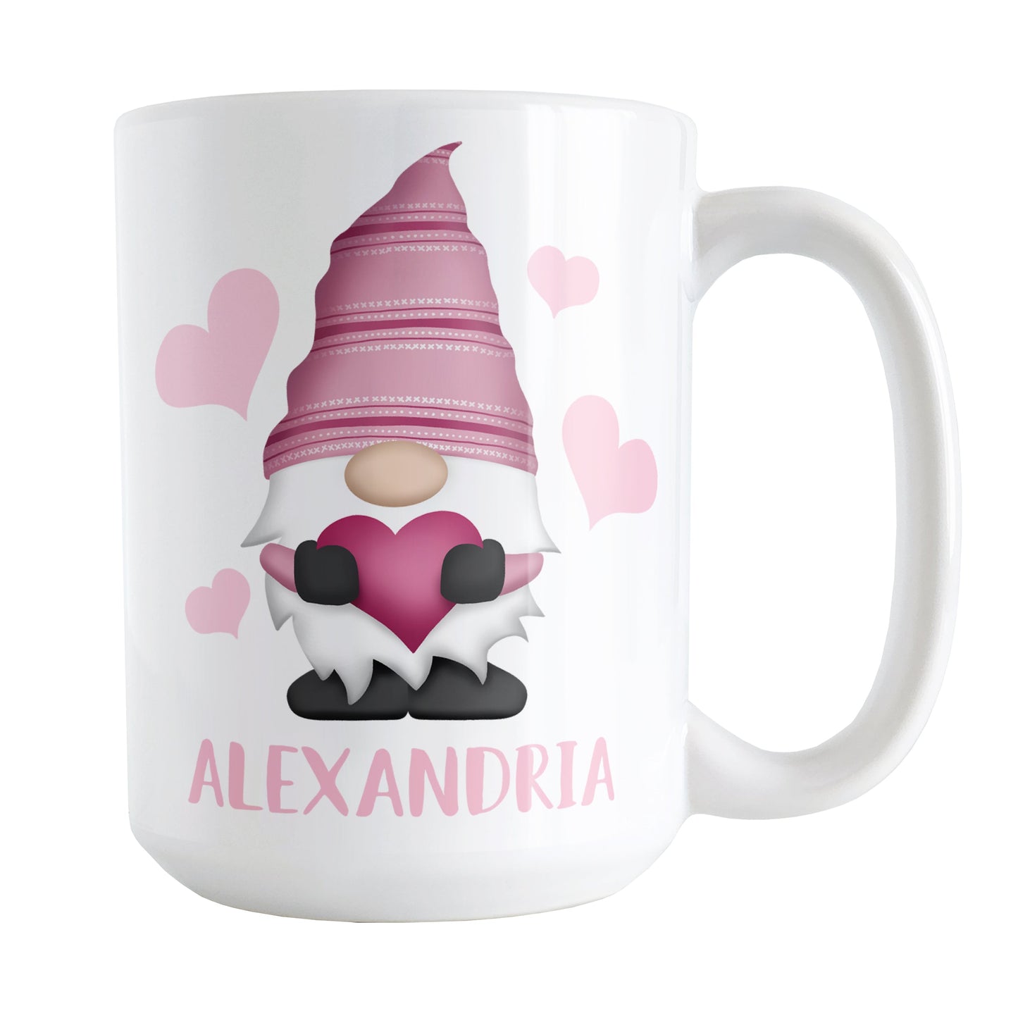 Personalized Pink Heart Gnome Mug (15oz) at Amy's Coffee Mugs. A ceramic coffee mug designed with an illustration of an adorable gnome with a pink pointed hat, holding a big pink heart, with light pink hearts around it. Below the gnome is your personalized name custom printed in a cute pink font. This charming gnome and personalized name are printed on both sides of the mug.