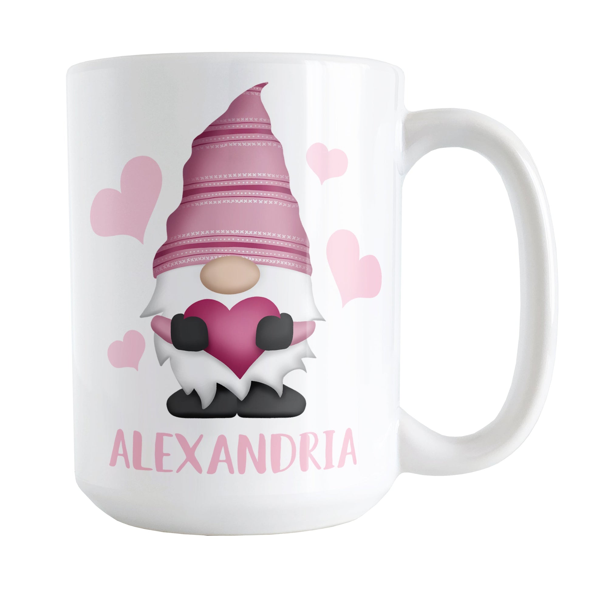 Personalized Pink Heart Gnome Mug (15oz) at Amy's Coffee Mugs