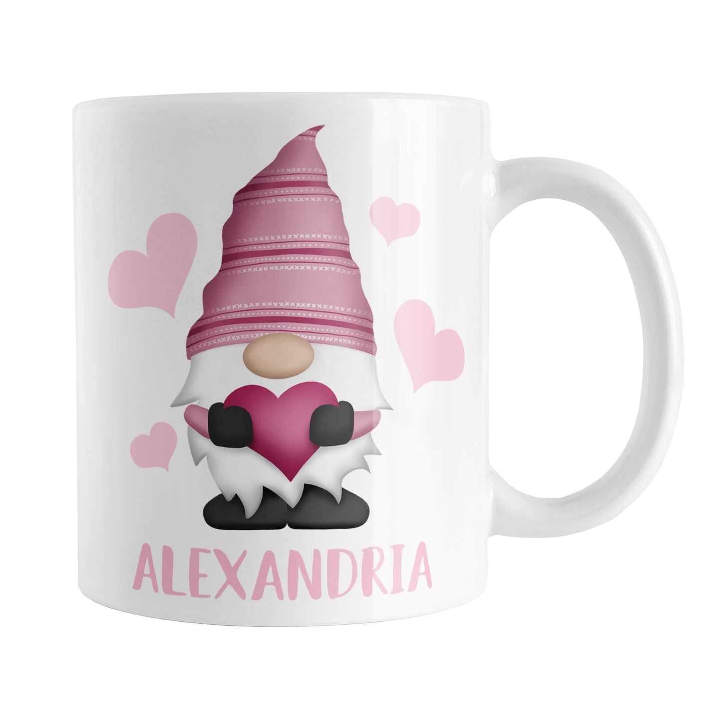Personalized Pink Heart Gnome Mug (11oz) at Amy's Coffee Mugs