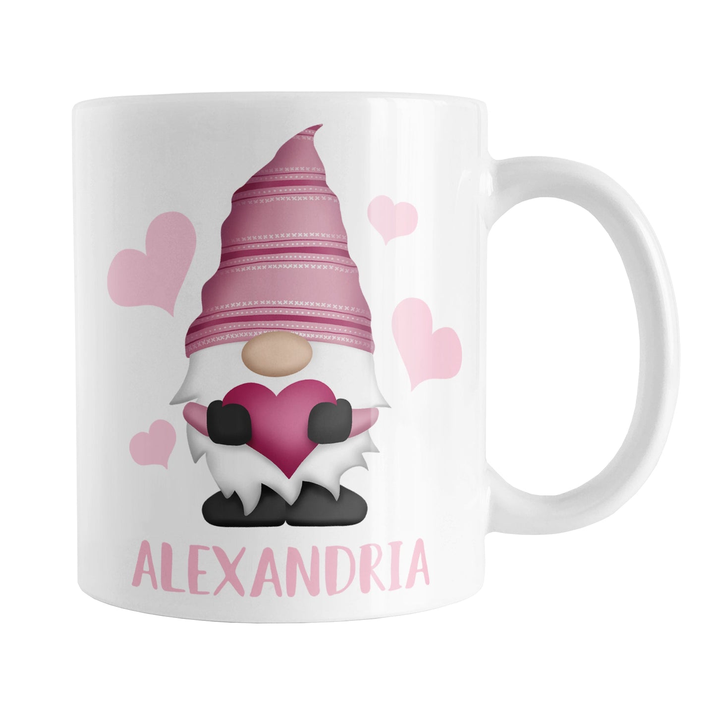 Personalized Pink Heart Gnome Mug (11oz) at Amy's Coffee Mugs. A ceramic coffee mug designed with an illustration of an adorable gnome with a pink pointed hat, holding a big pink heart, with light pink hearts around it. Below the gnome is your personalized name custom printed in a cute pink font. This charming gnome and personalized name are printed on both sides of the mug.