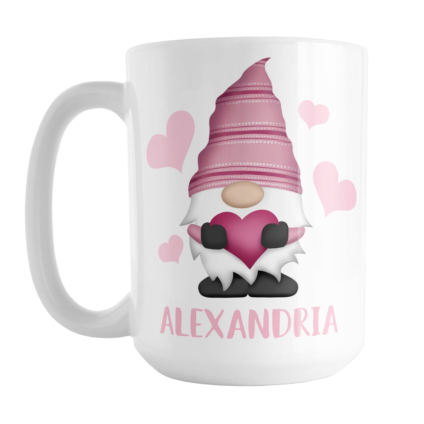 Personalized Pink Heart Gnome Mug (15oz) at Amy's Coffee Mugs. A ceramic coffee mug designed with an illustration of an adorable gnome with a pink pointed hat, holding a big pink heart, with light pink hearts around it. Below the gnome is your personalized name custom printed in a cute pink font. This charming gnome and personalized name are printed on both sides of the mug.