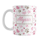 Personalized Pink Hearts and Paw Prints Mug (11oz) at Amy's Coffee Mugs. A ceramic coffee mug designed with a pattern of cute hearts and paw prints in pink and brown that wraps around the mug to the handle. Your name is personalized in pink on both sides of the mug.