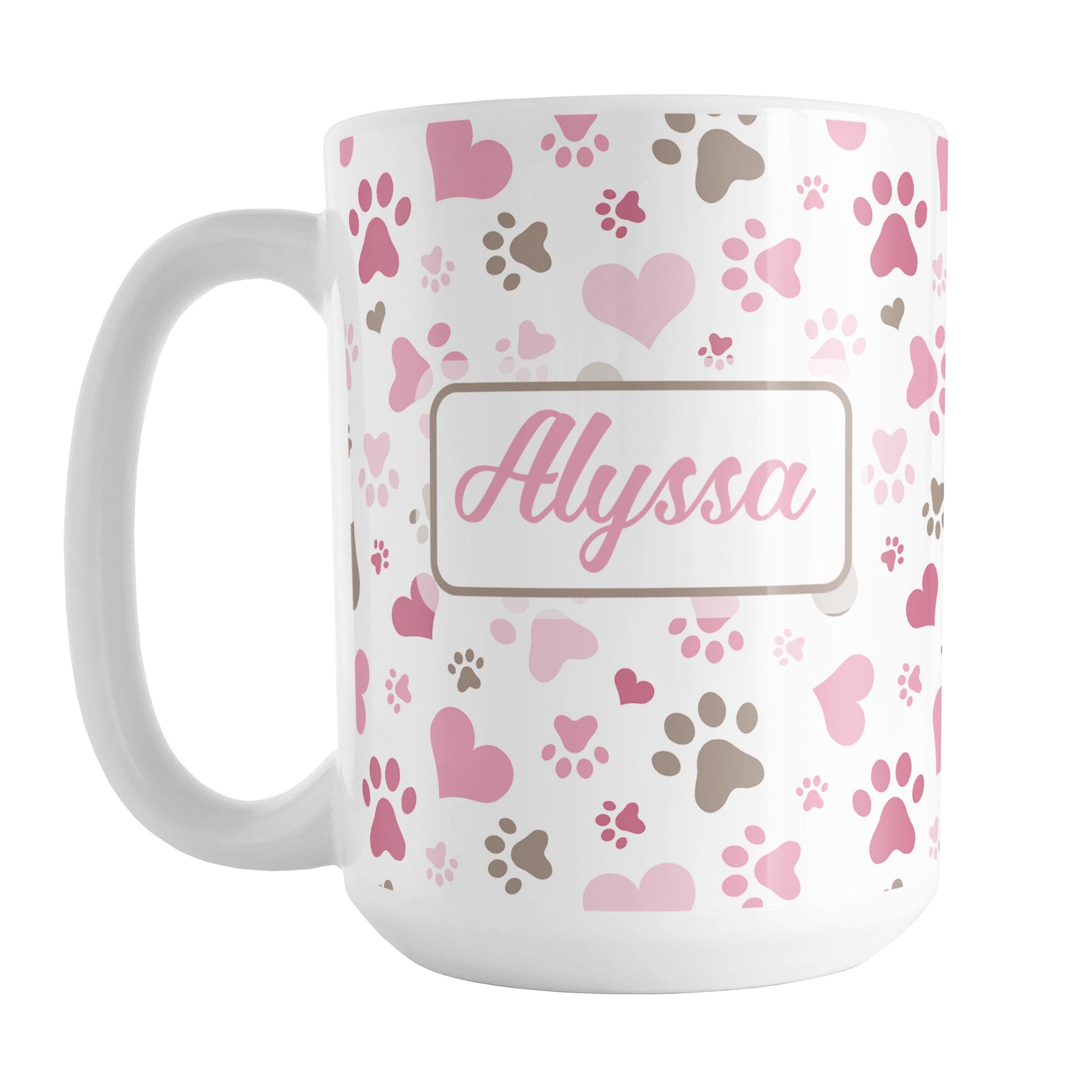 Personalized Pink Hearts and Paw Prints Mug (15oz) at Amy's Coffee Mugs. A ceramic coffee mug designed with a pattern of cute hearts and paw prints in pink and brown that wraps around the mug to the handle. Your name is personalized in pink on both sides of the mug.