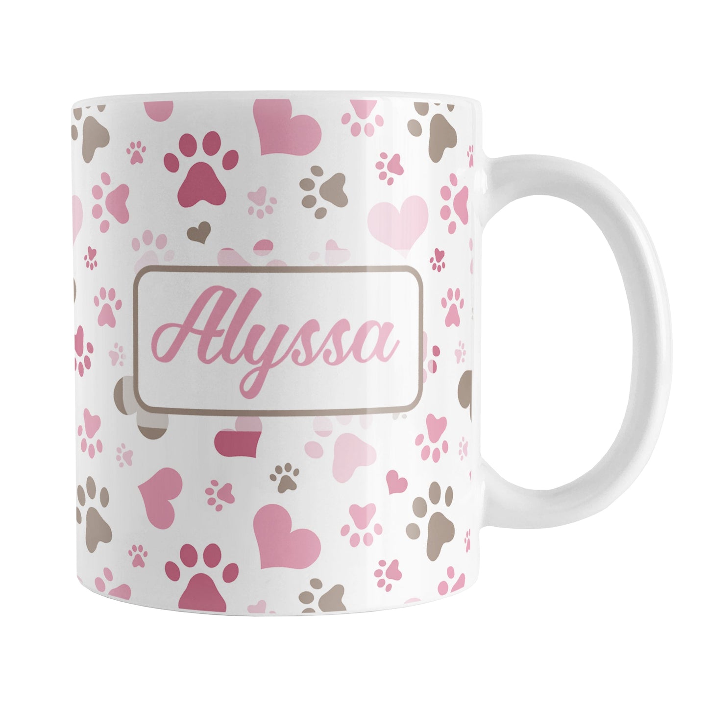 Personalized Pink Hearts and Paw Prints Mug (11oz) at Amy's Coffee Mugs. A ceramic coffee mug designed with a pattern of cute hearts and paw prints in pink and brown that wraps around the mug to the handle. Your name is personalized in pink on both sides of the mug.