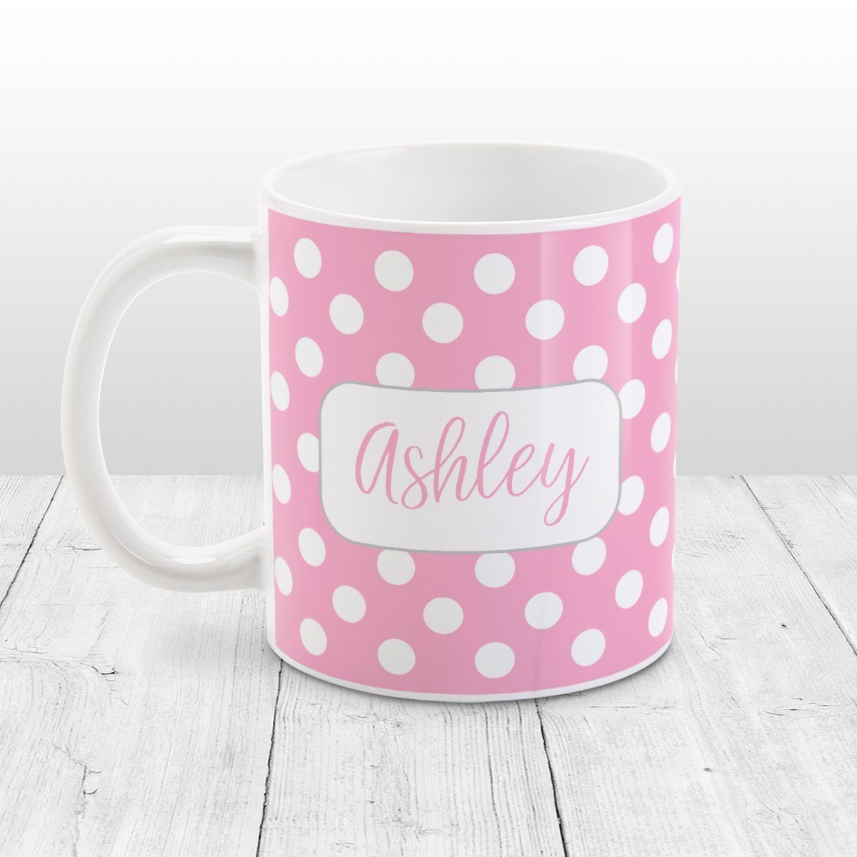 Personalized Pink Polka Dot Mug at Amy's Coffee Mugs