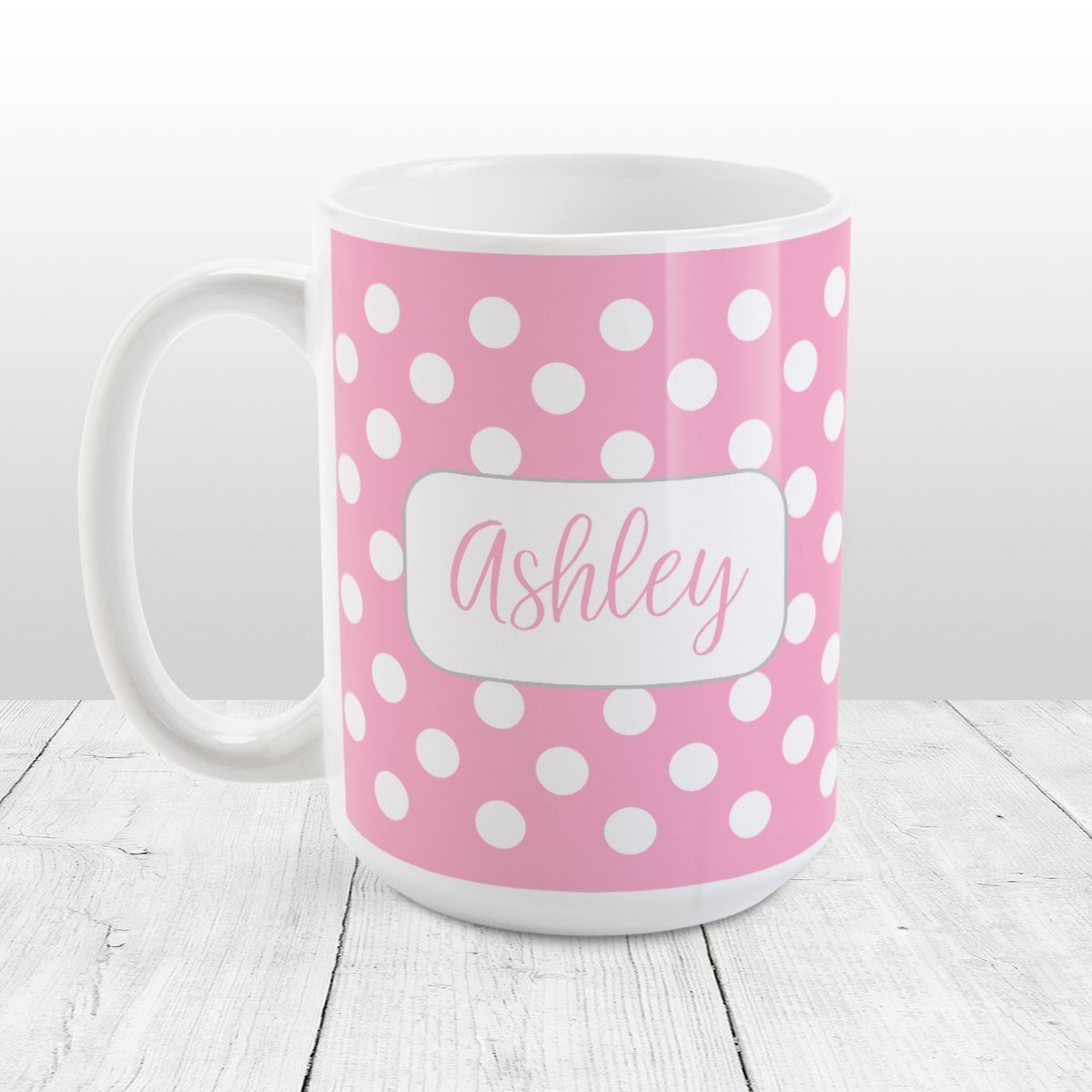 Personalized Pink Polka Dot Mug at Amy's Coffee Mugs