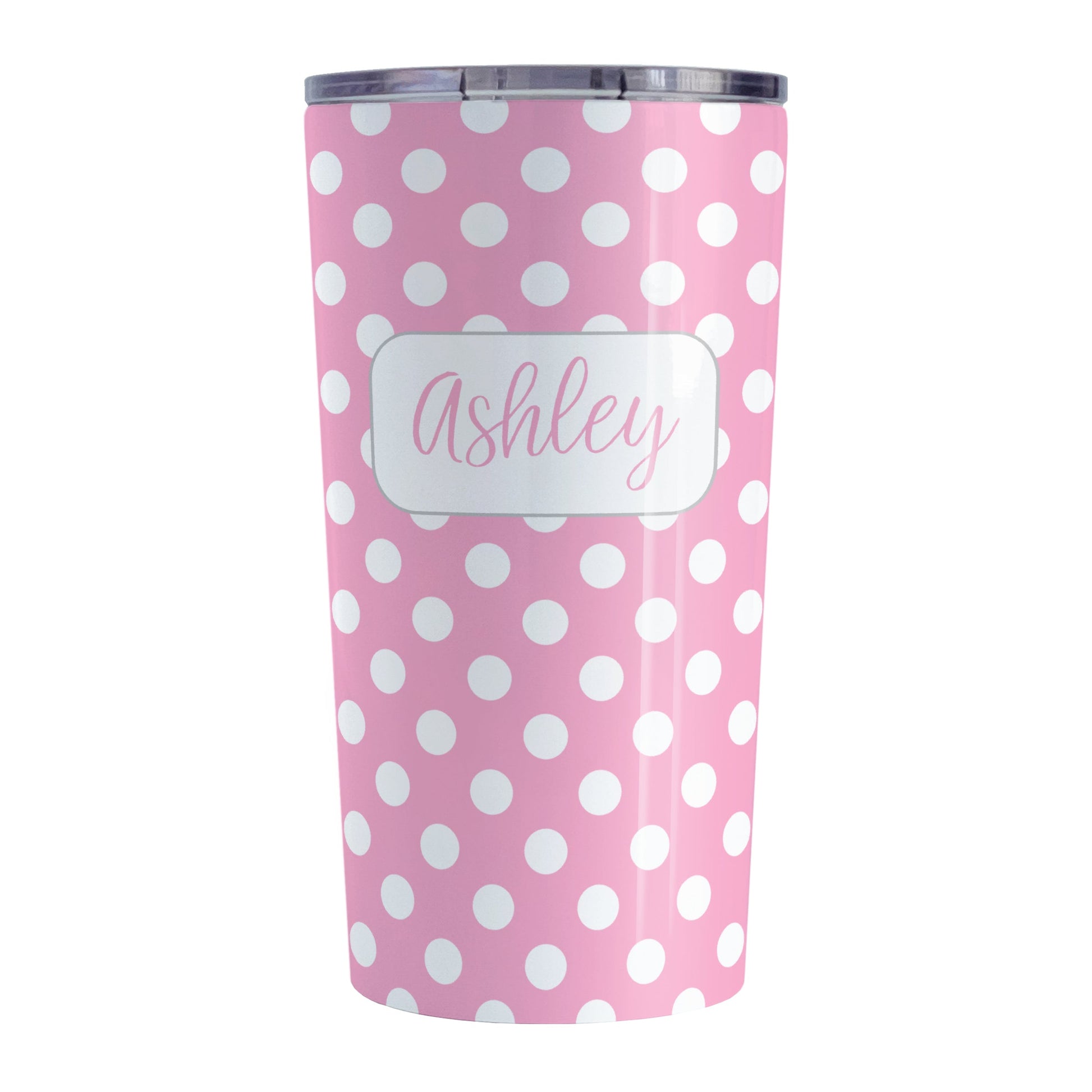 Personalized Pink Polka Dot Tumbler Cup (20oz, stainless steel insulated) at Amy's Coffee Mugs. A tumbler cup designed with a pattern of white polka dots over a pink background color that wraps around the cup. Your name is personalized in a cute pink script font in a white frame design over the polka dot pattern.