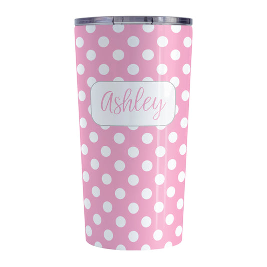Personalized Pink Polka Dot Tumbler Cup (20oz, stainless steel insulated) at Amy's Coffee Mugs