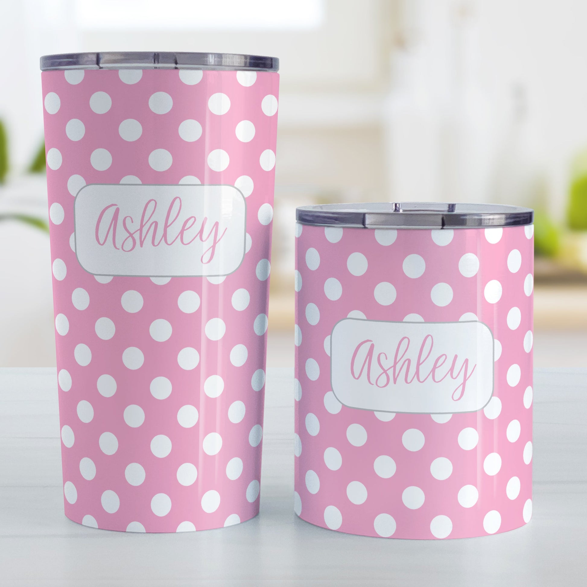 Personalized Pink Polka Dot Tumbler Cup (20oz and 10oz, stainless steel insulated) at Amy's Coffee Mugs